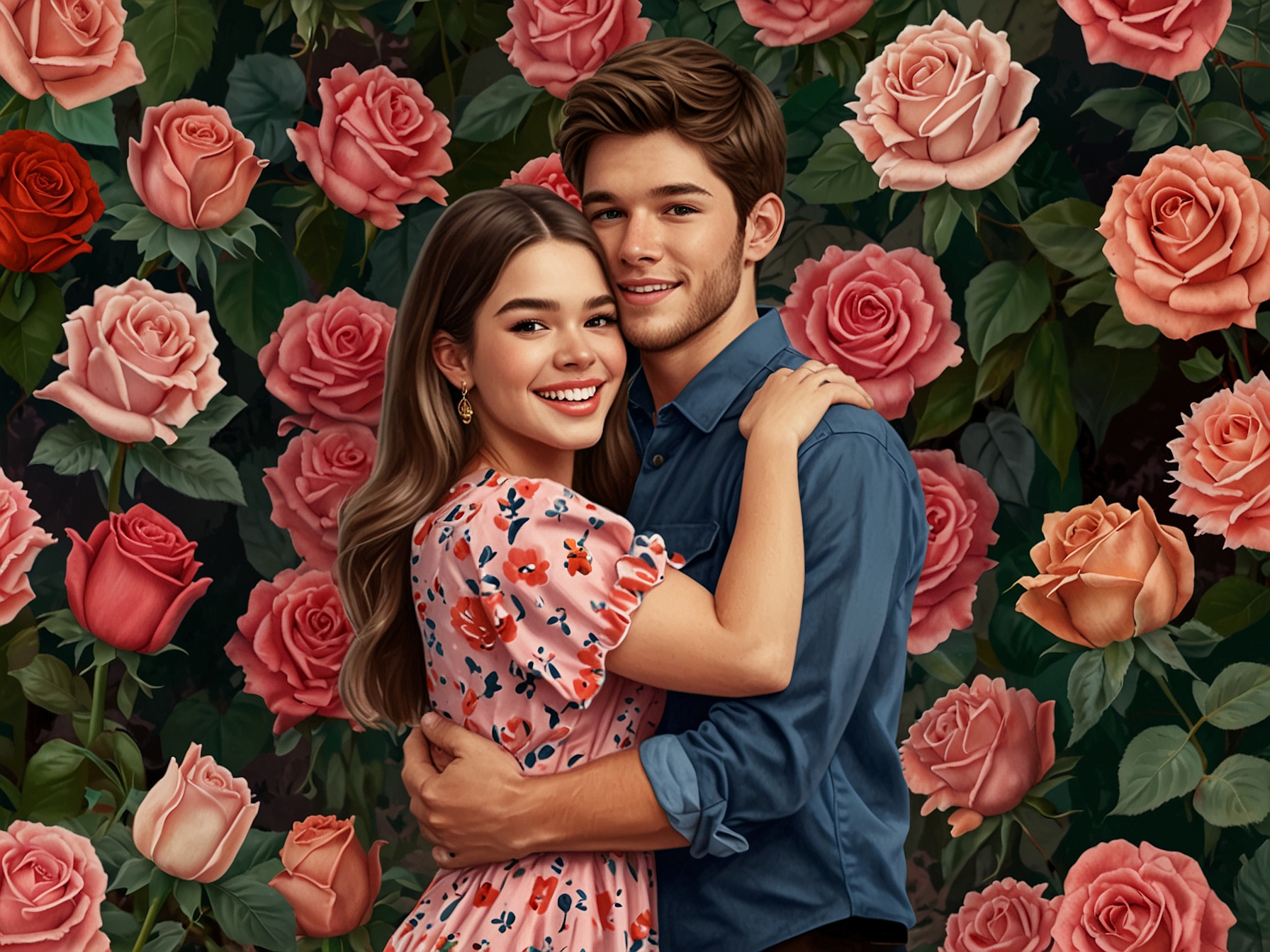 A close-up of Hailee and Josh's hands, showing off her stunning engagement ring with roses in the background, symbolizing their romantic connection.