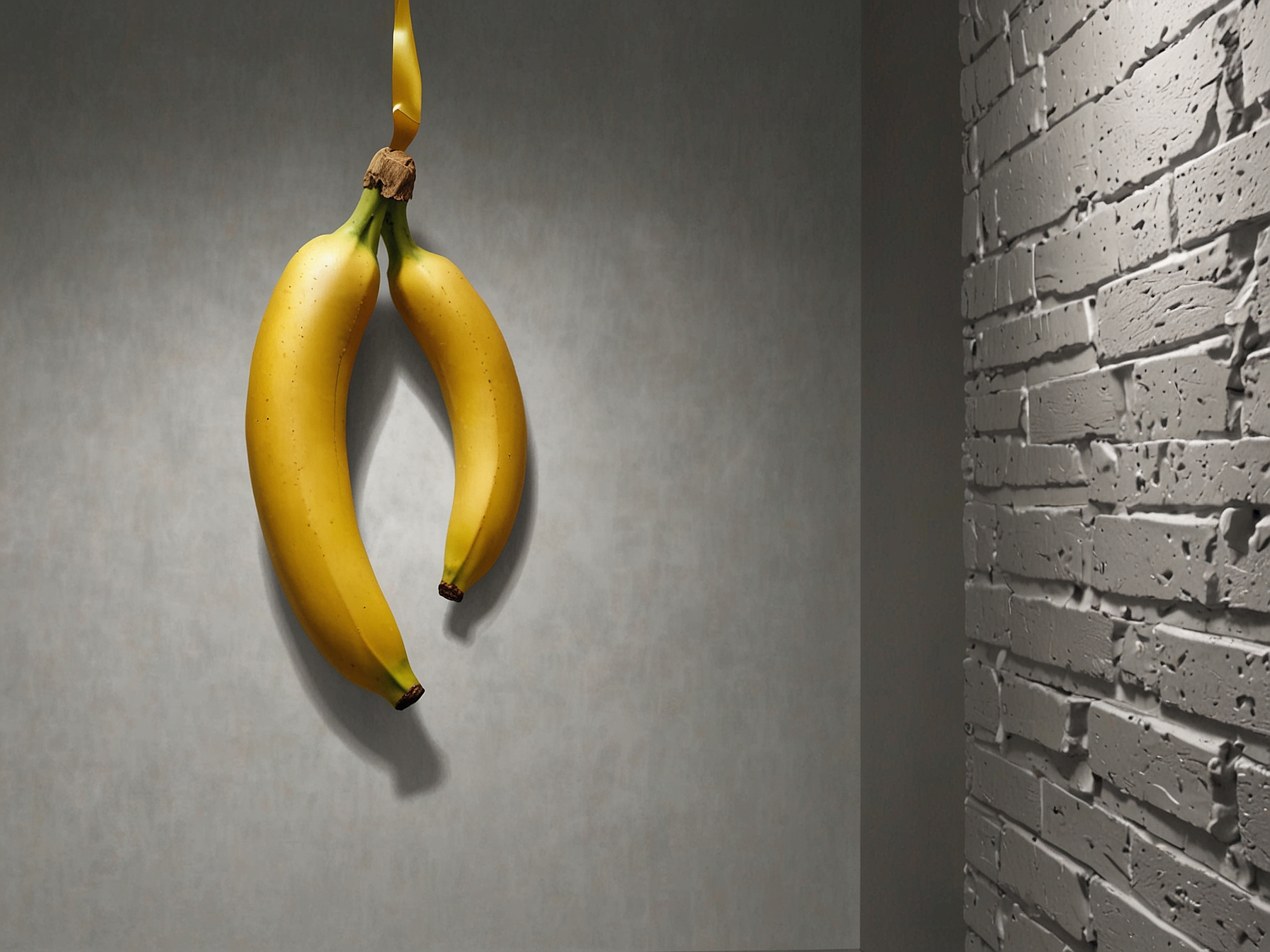 A golden banana taped to a white wall, symbolizing the artwork 'Comedian' by Maurizio Cattelan, with a price tag of $6.2 million hanging next to it.