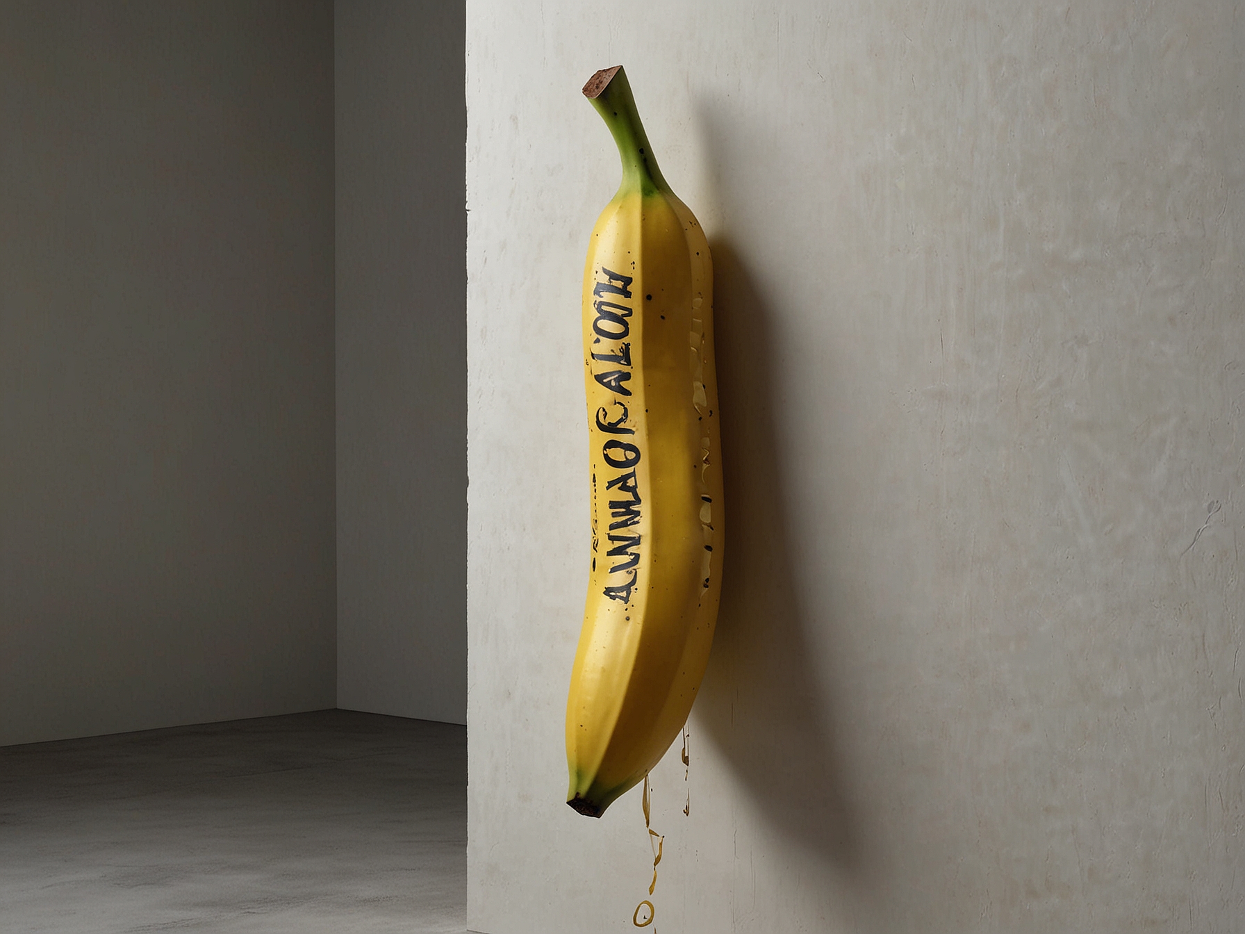 Billionaire Justin Sun joyfully eating a banana in a gallery setting, surrounded by astonished art enthusiasts, after his purchase of the $6.2 million artwork.