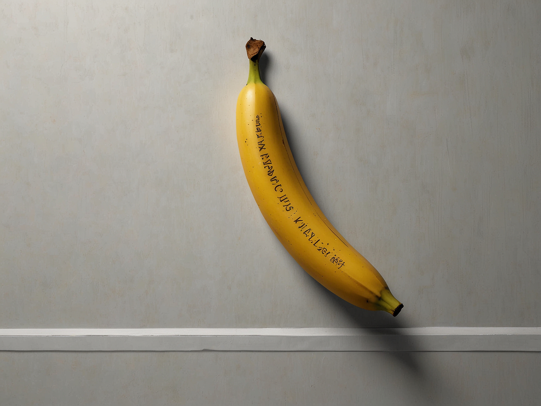 An elegant art installation featuring the banana taped to a wall in a minimalist gallery, highlighting the contrast between everyday objects and high art.