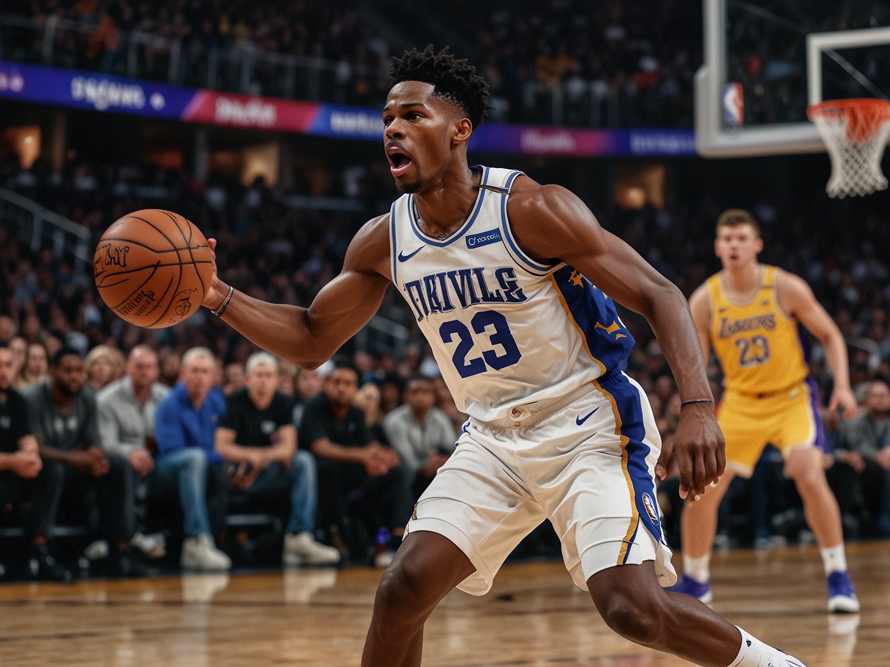 An action-packed scene showcasing Shai Gilgeous-Alexander driving to the basket against the Lakers, highlighting the intensity of the game. Fans can be seen cheering in the background, capturing the excitement of the match.