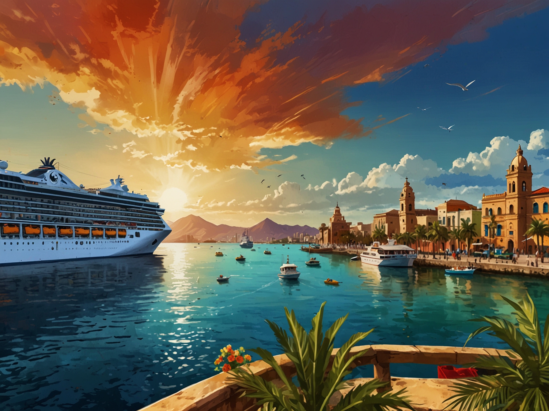 A picturesque coastal view of a Mexican port filled with colorful cruise ships, showcasing tourists enjoying the sun and local culture, representing the appeal of Mexico as a cruise destination.