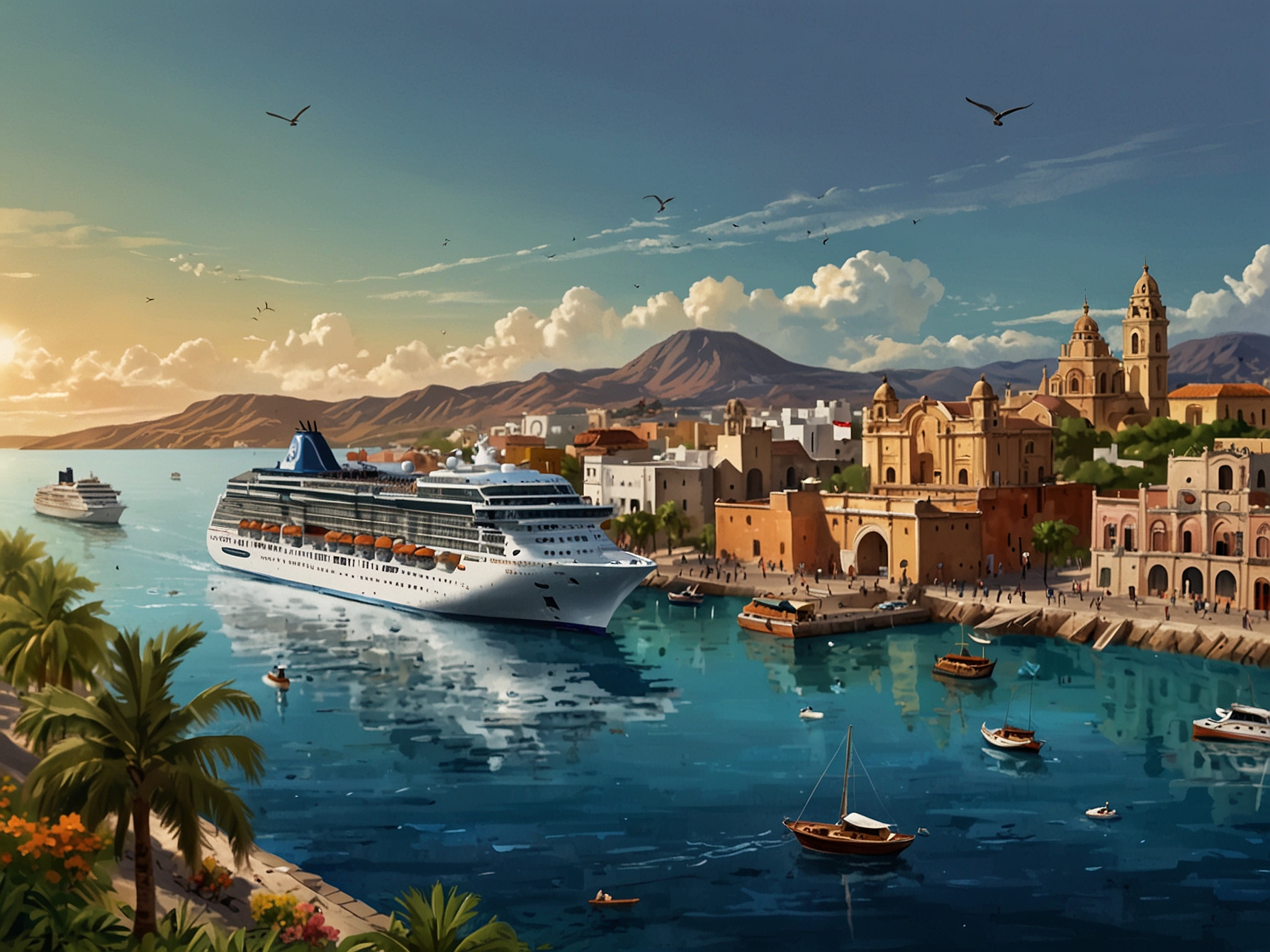 Cruise passengers disembarking at a vibrant Mexican port, exploring local markets and enjoying traditional cuisine, highlighting the bustling tourism economy reliant on cruise visitors.