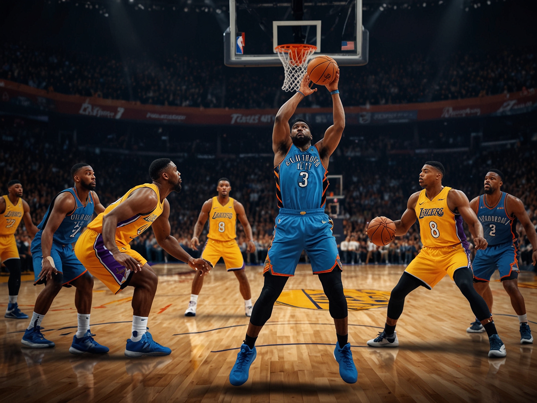 Close-up of a Lakers player with a determined expression, set against the backdrop of cheering fans, symbolizing the emotional weight of the upcoming game.