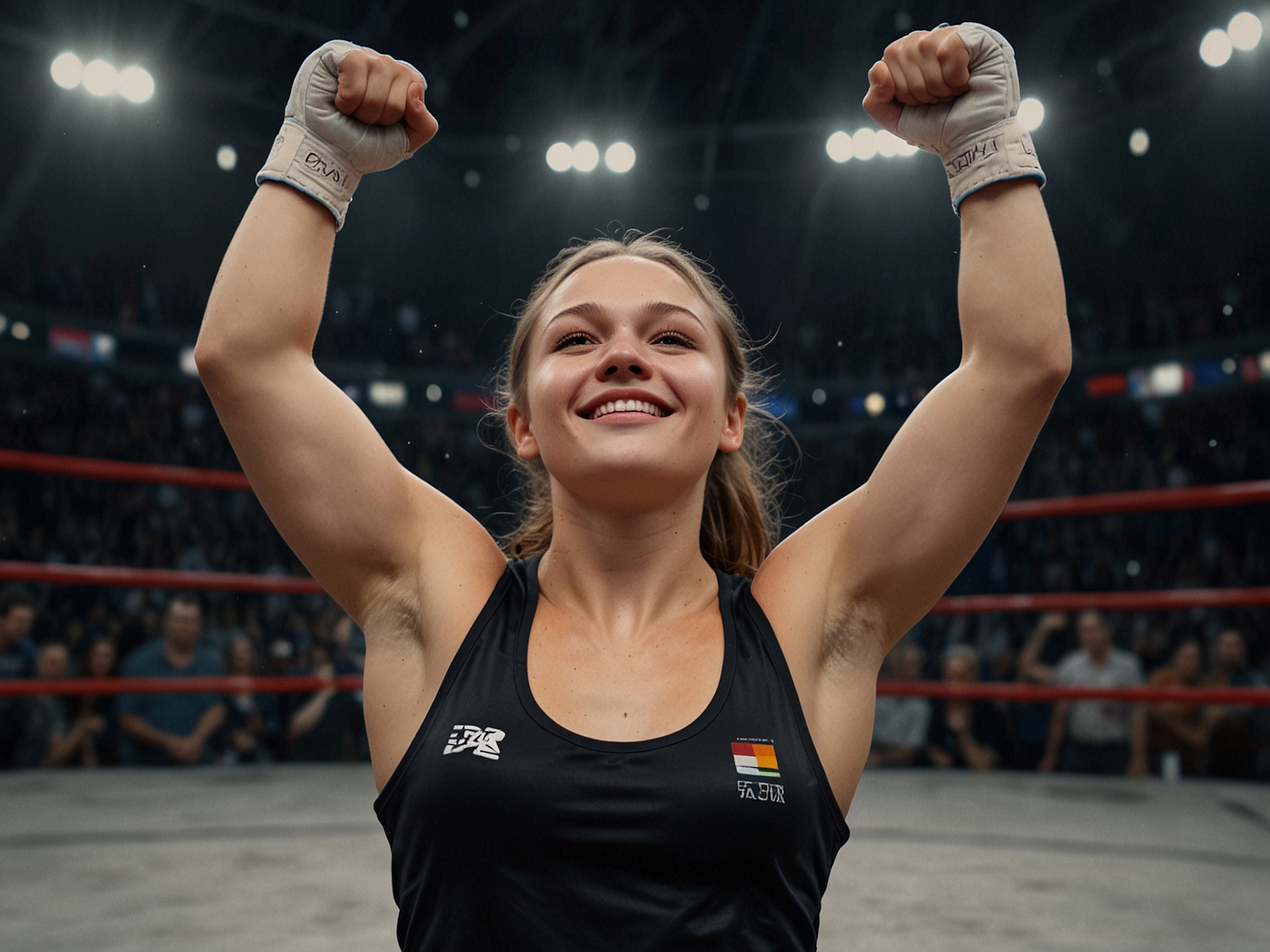 A triumphant Dakota Ditcheva raises her arms in victory inside the fighting arena, with a look of fierce determination and confidence post-knockout.