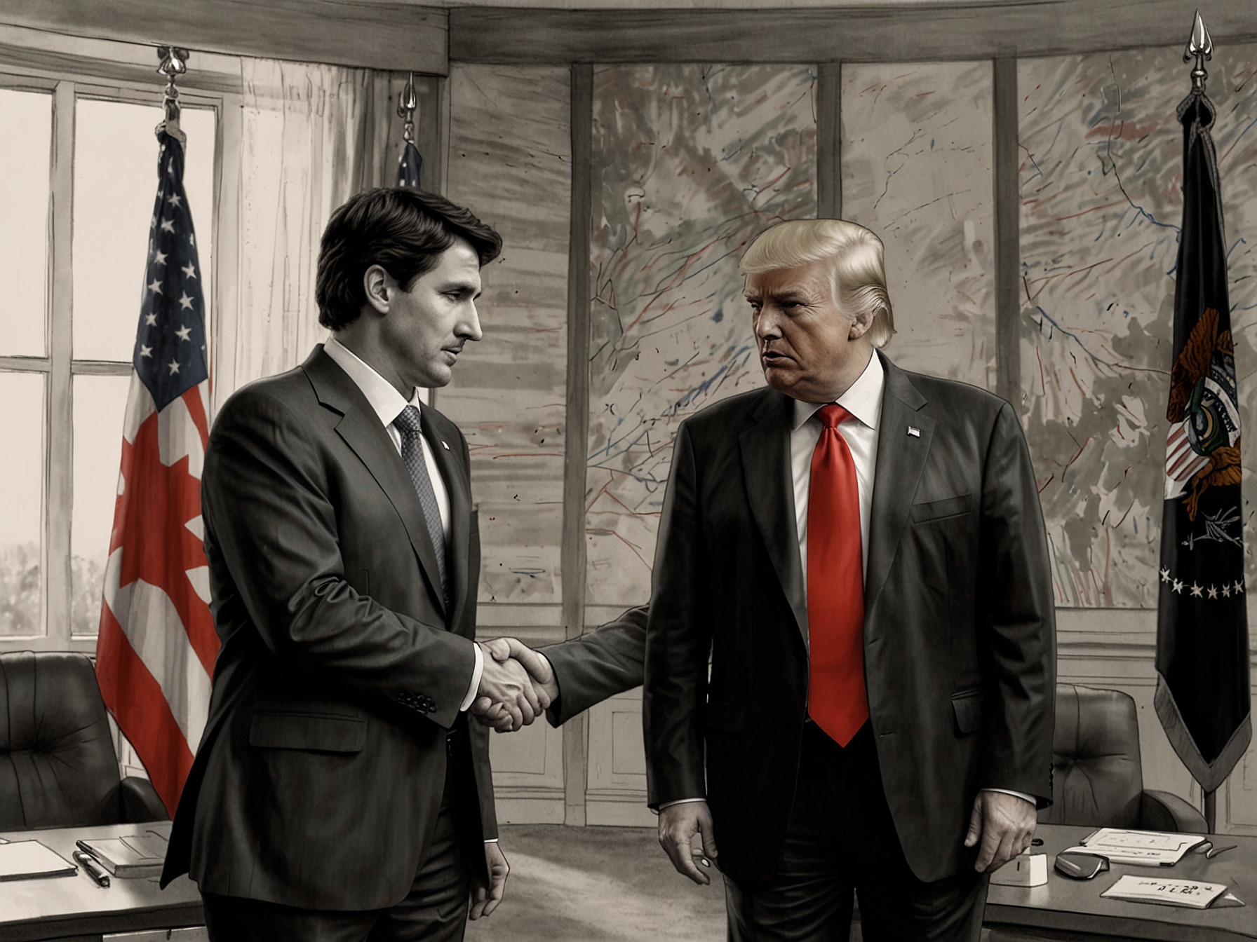 A tense meeting scene between Justin Trudeau and Donald Trump, set in a negotiation room with flags of Canada and the USA in the background, symbolizing trade discussions.