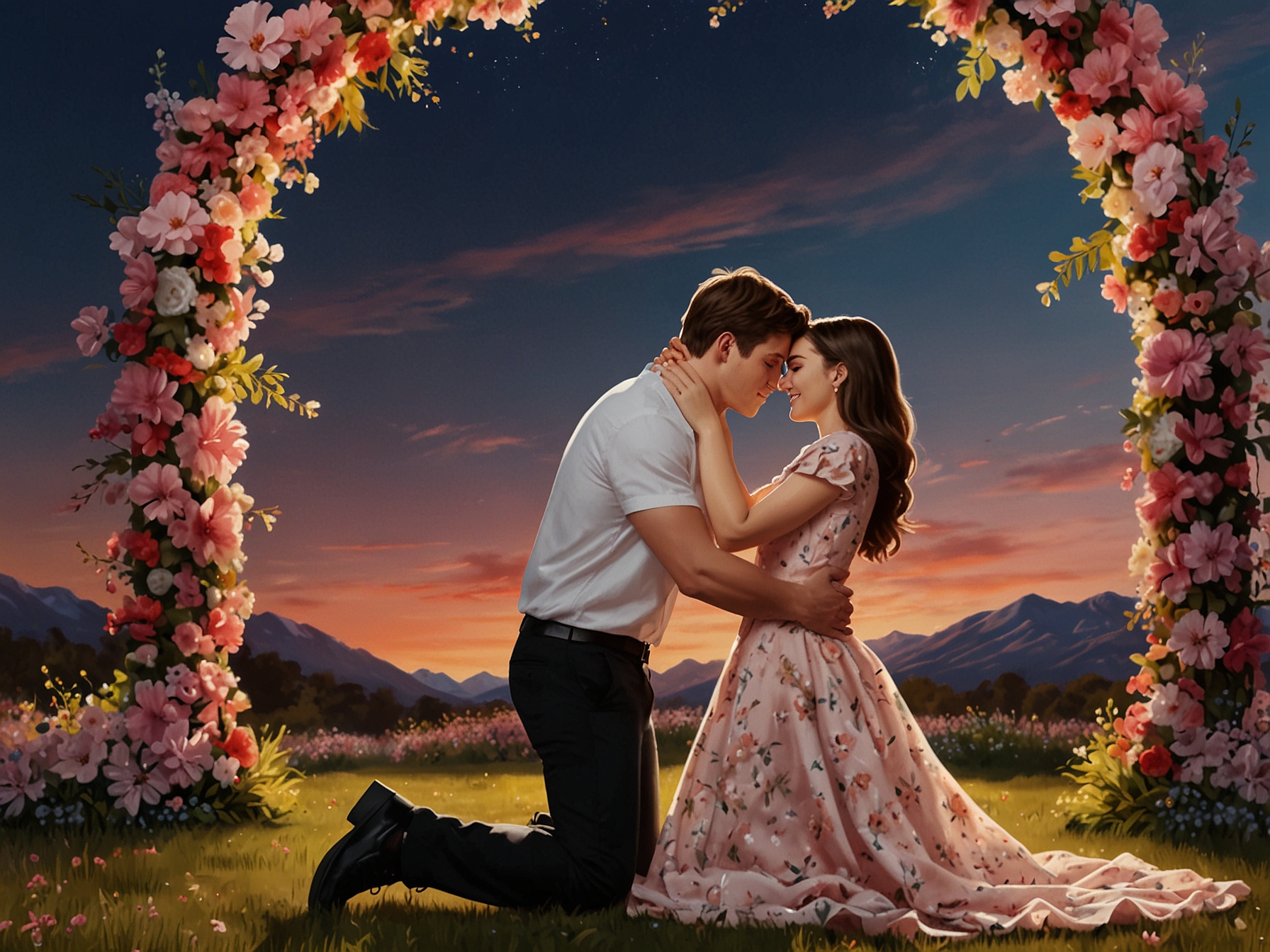 Hailee Steinfeld and Josh Allen share a romantic engagement moment, with Allen on one knee proposing under a stunning pink flower arch, radiating love and happiness.