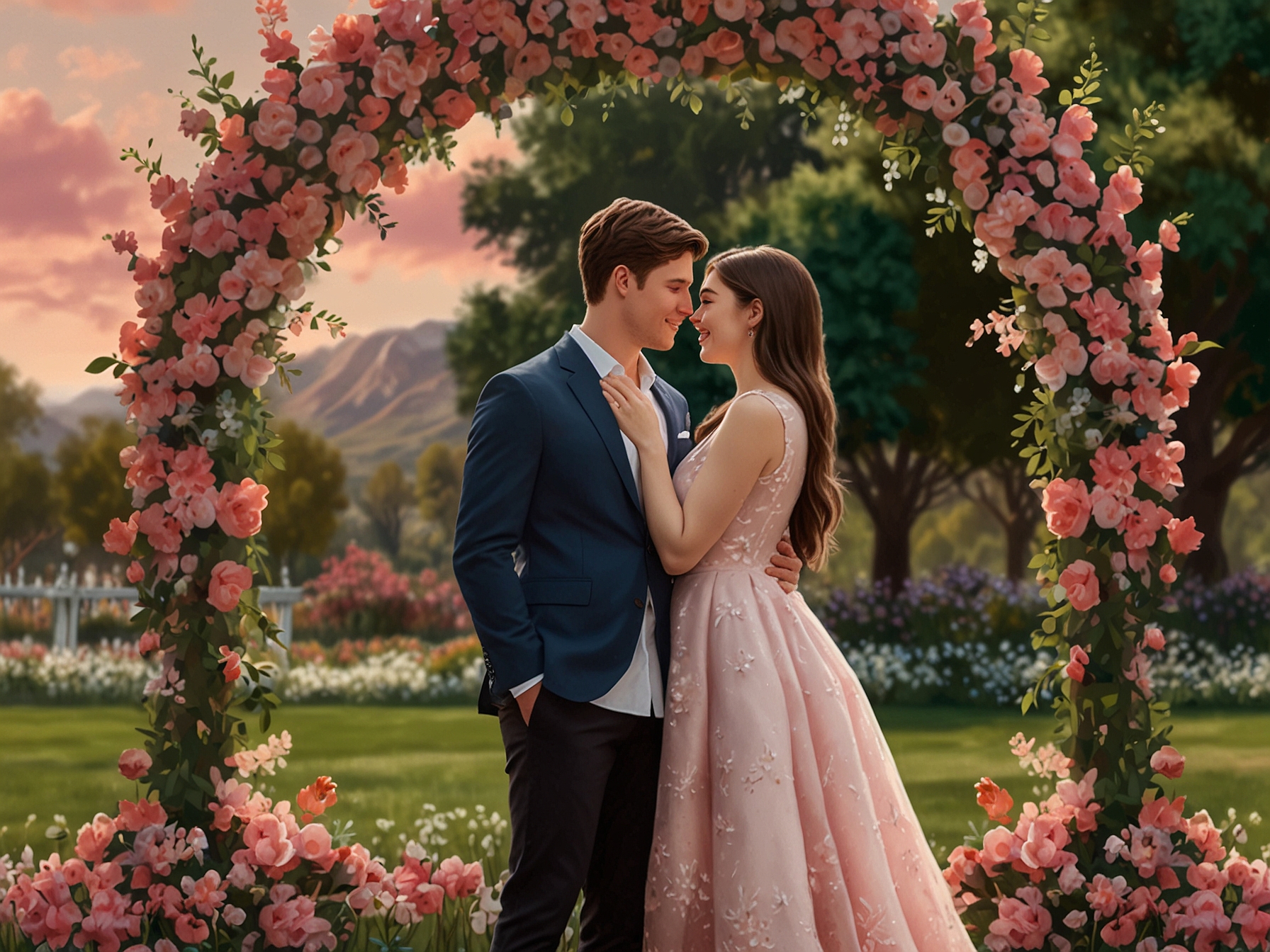 The enchanting proposal scene showcases a picturesque backdrop filled with flowers, capturing the essence of timeless romance and deep connection between the couple.