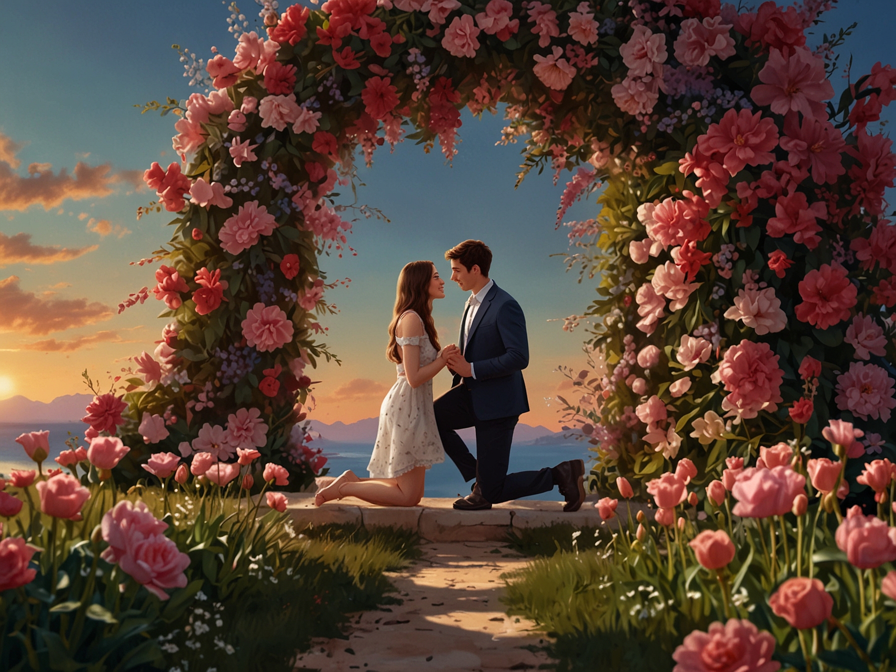 Captured at sunset, the engagement photo highlights Steinfeld's joy as she leans down to kiss Allen, framed by an array of beautiful pink blossoms.