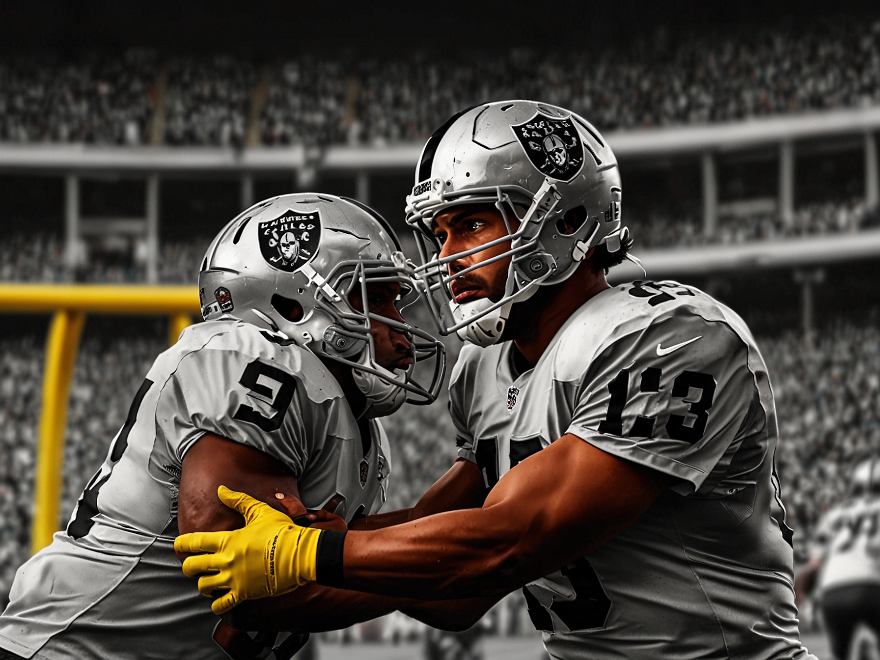 An intense moment from the NFL game between the Raiders and the Chiefs, featuring players in action during the final minutes of the match, capturing the tension and anticipation of a crucial play.