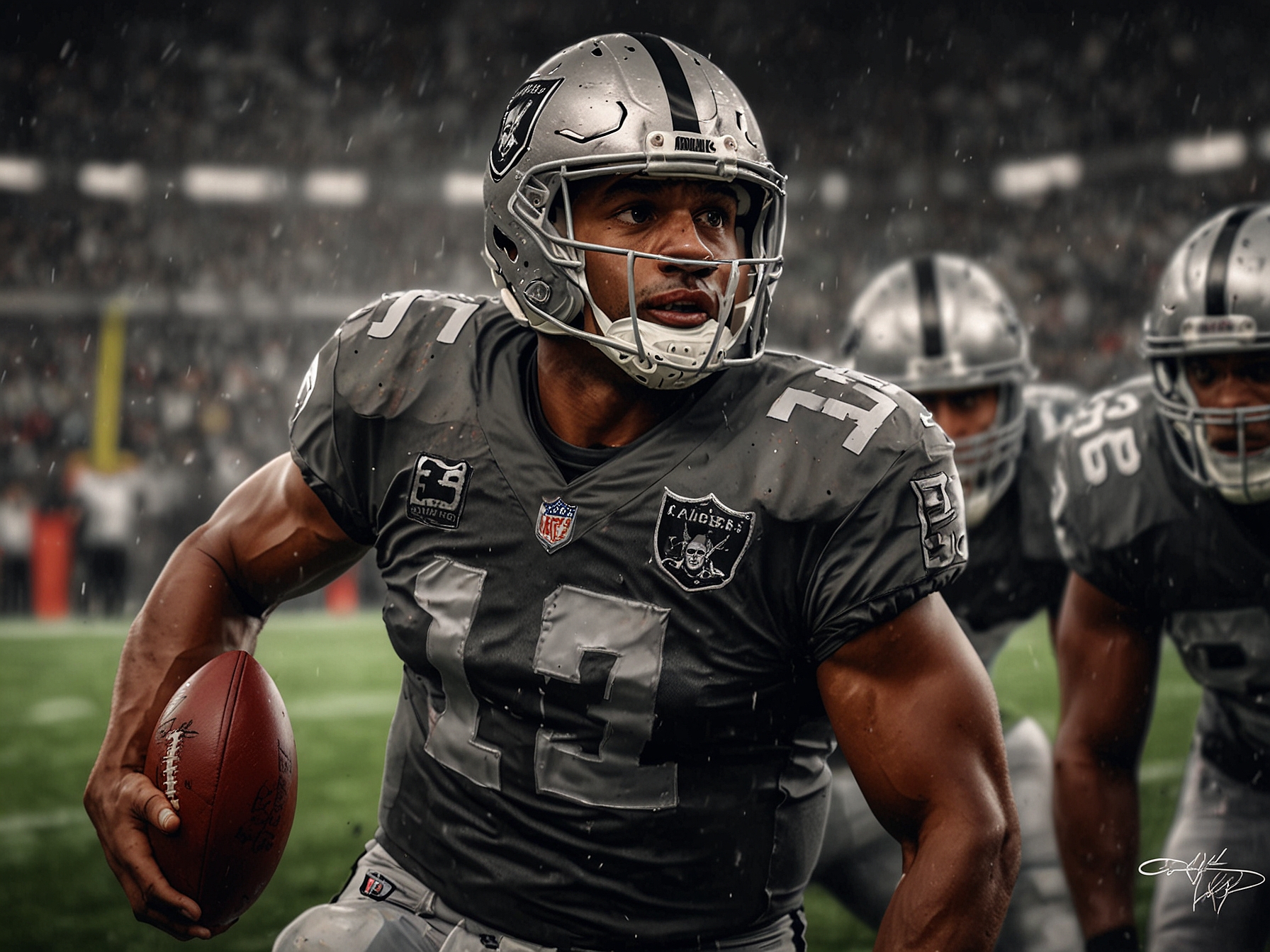 A panoramic shot of the stadium filled with fans, depicting the crowd's reactions as the Raiders struggle on the field, embodying the mix of hope and despair that defined the game.