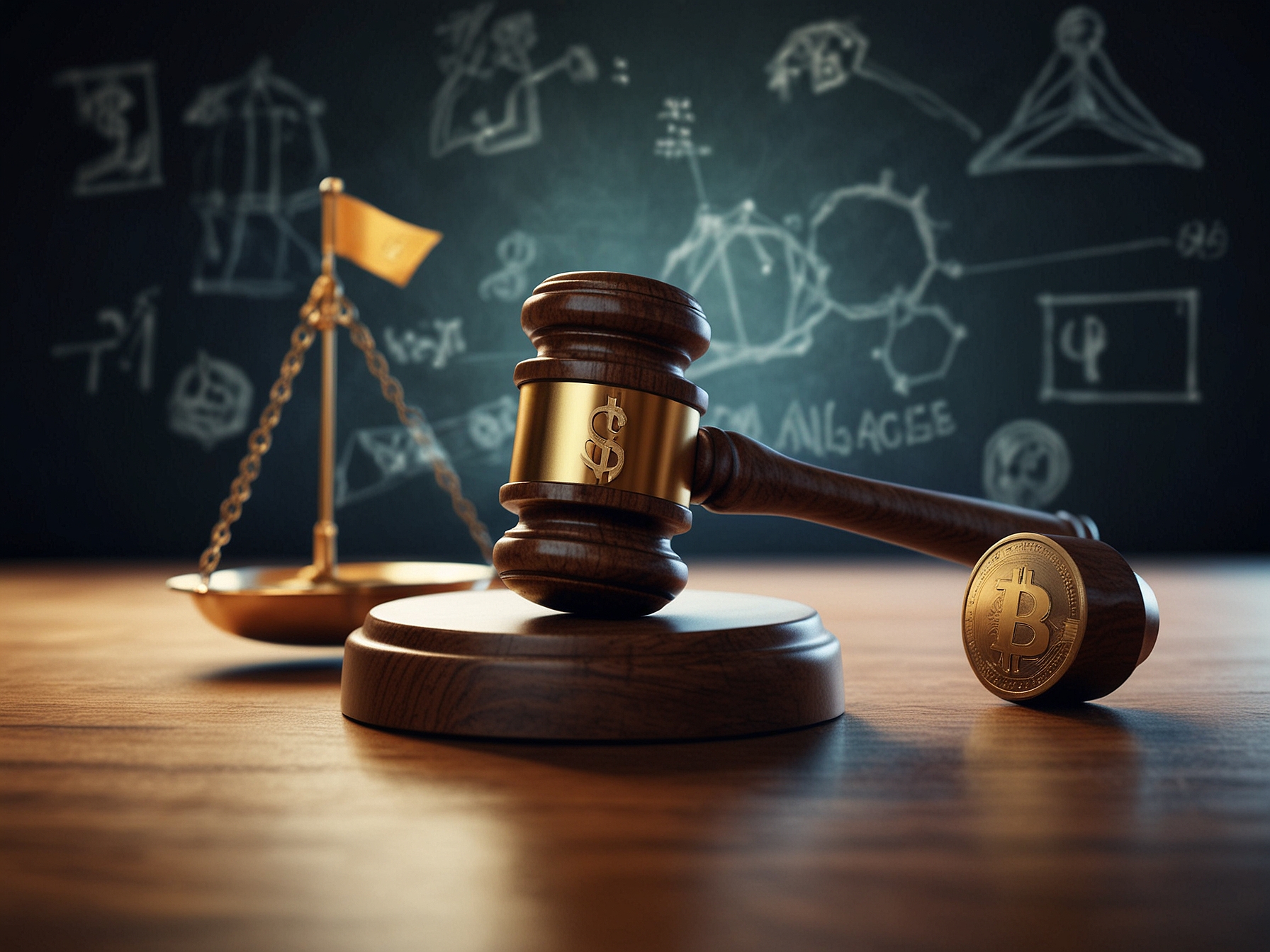 An illustration of a gavel striking a block with a digital currency symbol in the background, representing the intersection of law and cryptocurrency regulations.