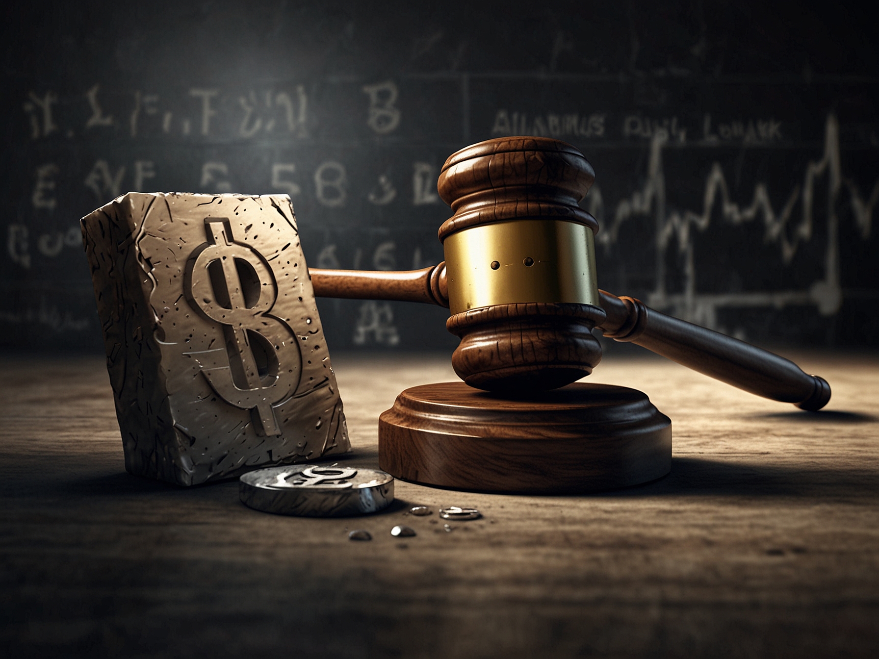 A visual representation of a courtroom with lawyers discussing a case involving cryptocurrency, highlighting the gravity of legal proceedings in the digital finance world.