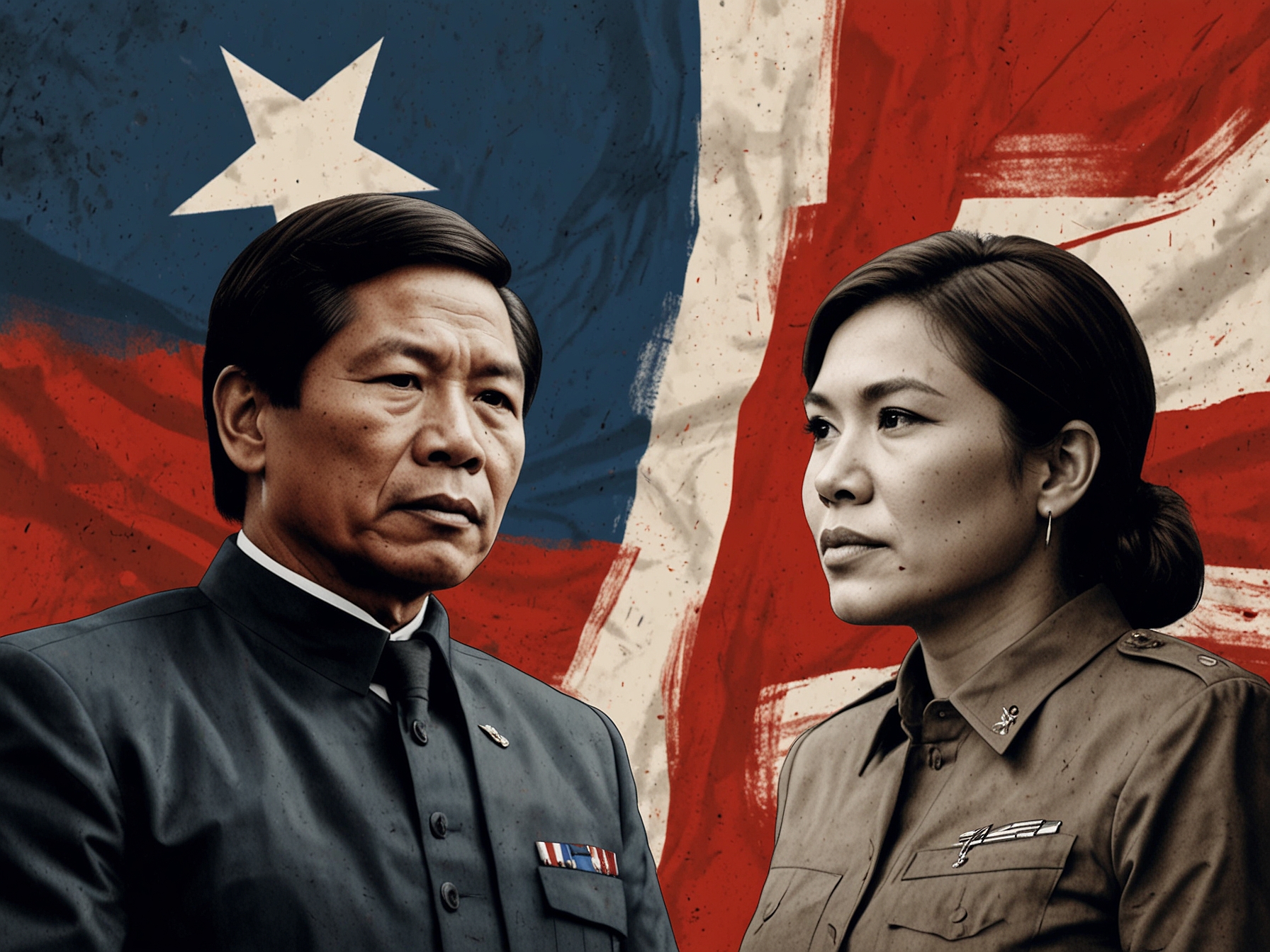 A tense political scene depicting President Ferdinand Marcos Jr. and Vice President Sara Duterte in a split-image, highlighting their contrasting expressions and political conflicts against a backdrop of the Philippine flag, symbolizing national unity and discord.