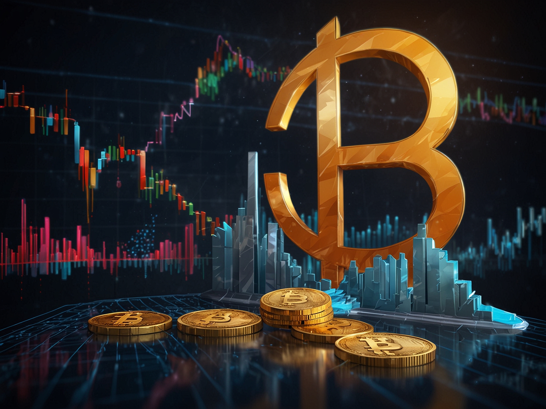 A visual representation of the cryptocurrency market, showcasing XRP and Ethereum's price rises, with a backdrop of positive market trends and regulatory discussions. Graphs display upward movements for both currencies.