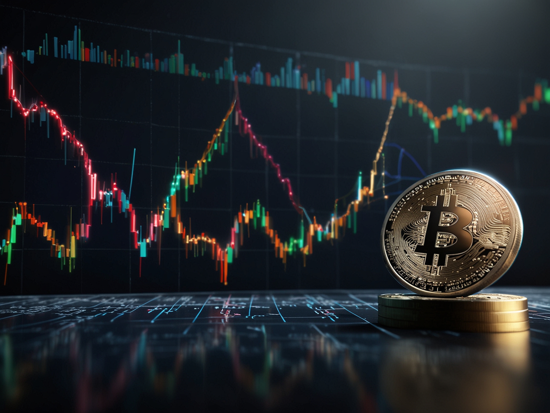 An illustration of a bull charging through digital coins symbolizing the bullish momentum in the cryptocurrency market, with XRP highlighted as it surpasses $2.