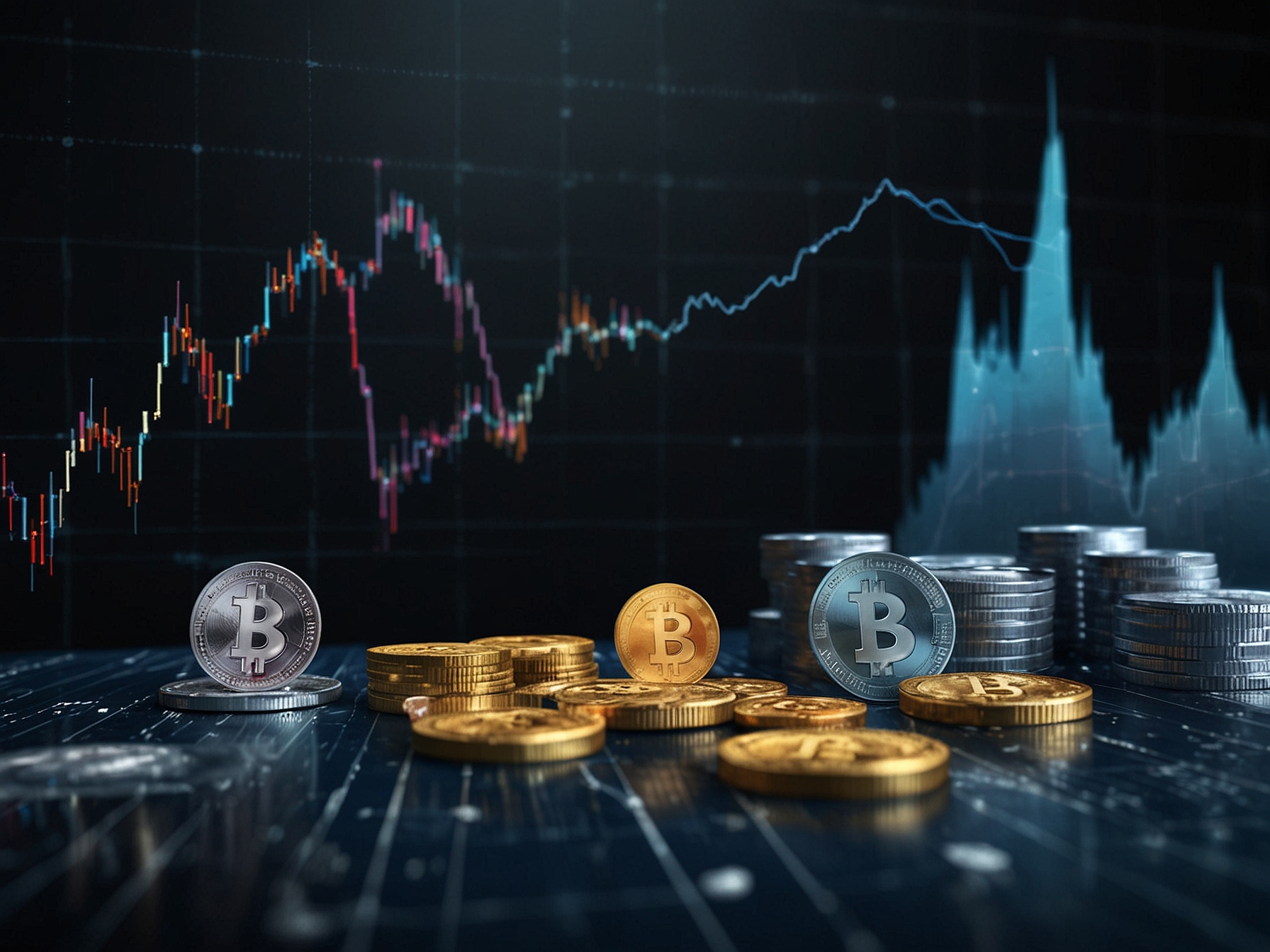 A split image of XRP and Ethereum logos with upward trending arrows, demonstrating their recent gains and investor optimism in cryptocurrency's future.
