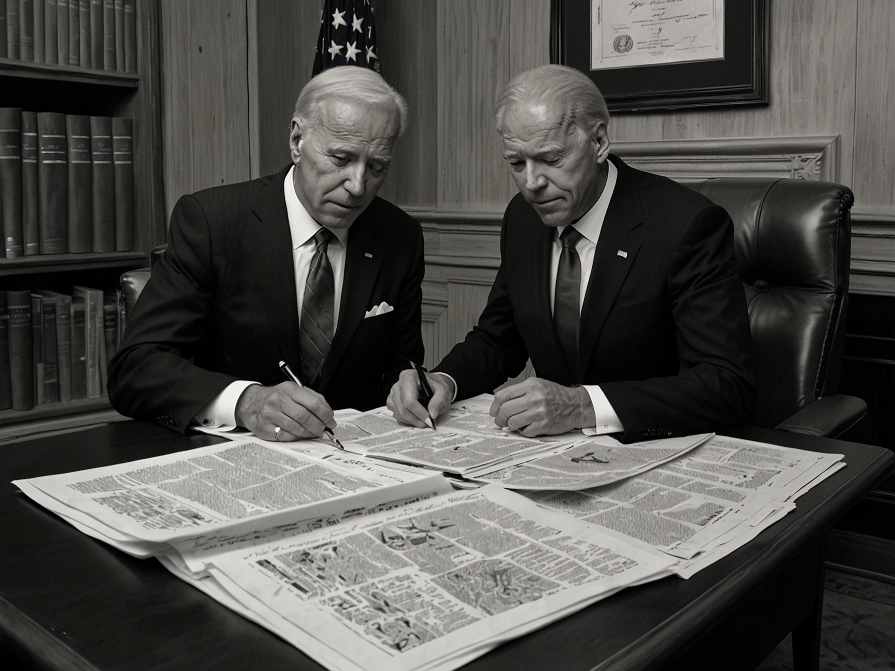 A close-up of a gavel resting on a court bench next to a family photo of the Bidens, symbolizing the intersection of personal relationships and the justice system in the wake of Hunter Biden's pardon.