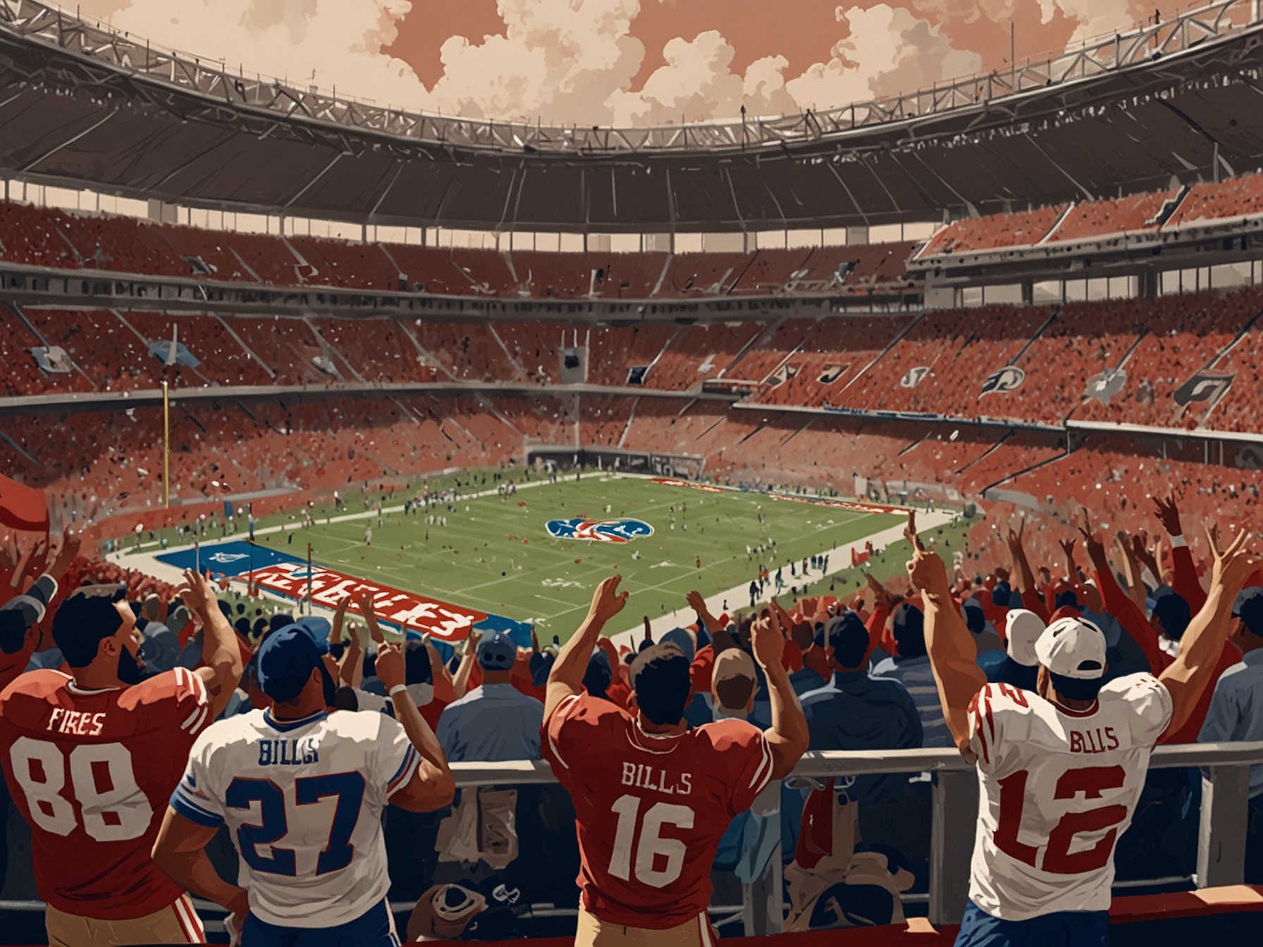 A vibrant, high-energy scene from the stadium, showcasing fans in team colors cheering passionately for both the 49ers and the Bills, with players warming up on the field.