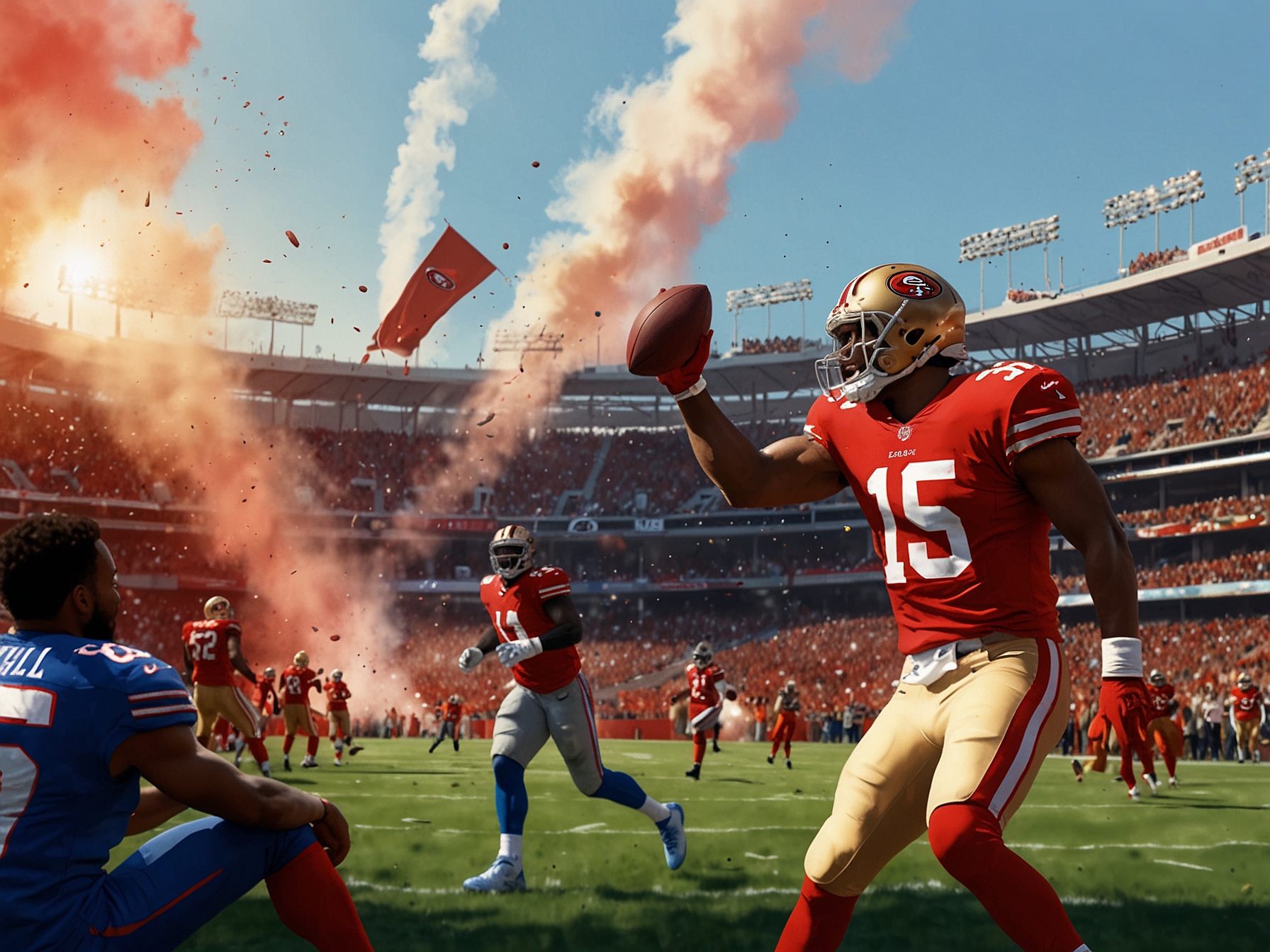 A dramatic shot of the Bills' home stadium filled with fans, displaying team banners and a sea of blue and red, symbolizing the electric atmosphere before the game.