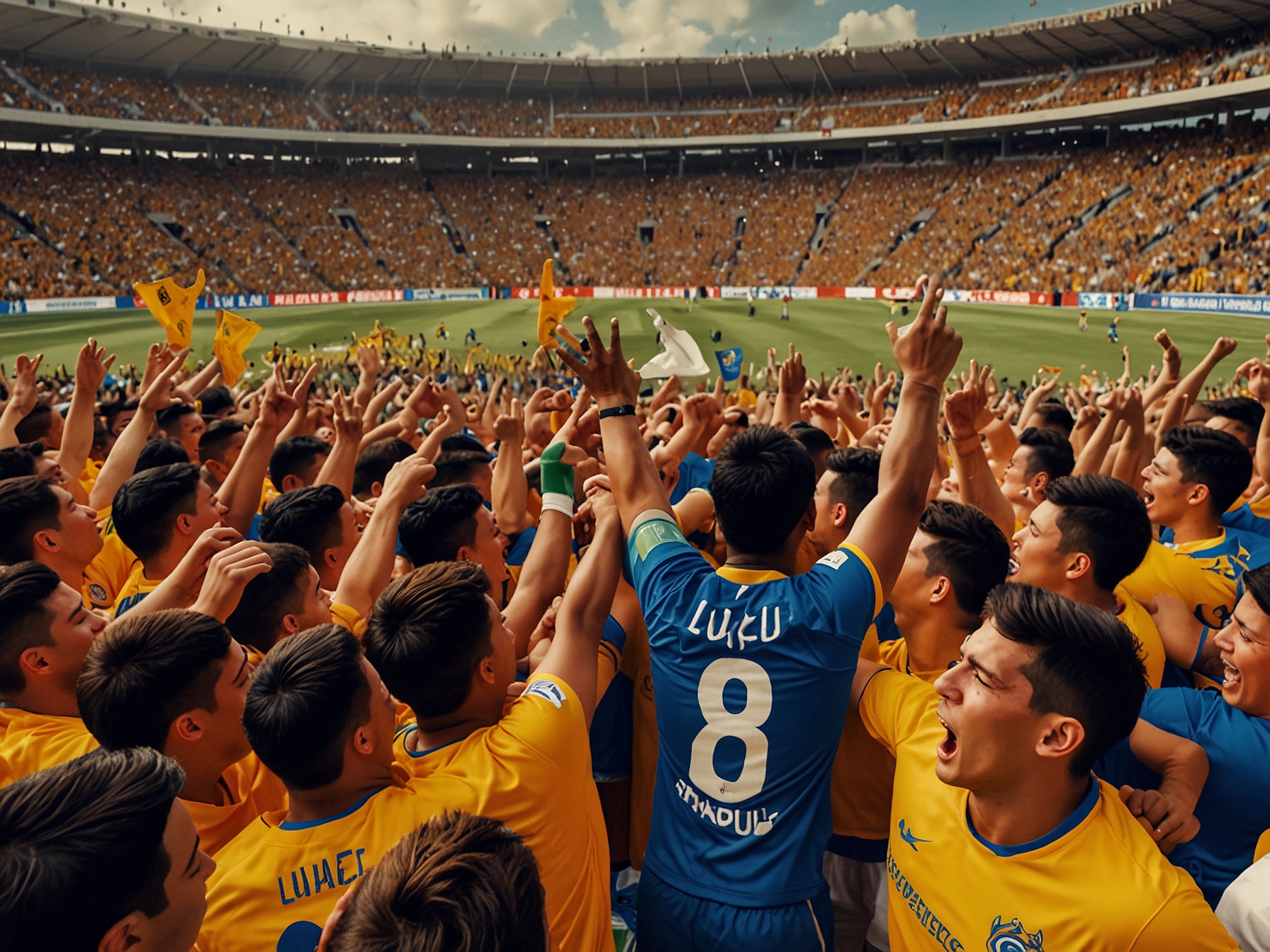 An intense football match at Estadio Universitario featuring Tigres UANL players passionately pushing against their rivals, Atlético San Luis, under a vibrant crowd cheering for their team during the Liguilla.