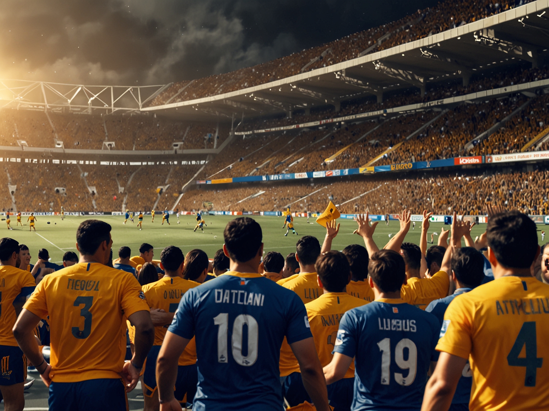 Close-up of Tigres UANL fans in the stands wearing team colors, waving flags, and holding banners, showcasing their unwavering support and hope for a comeback against Atlético San Luis in the crucial match.