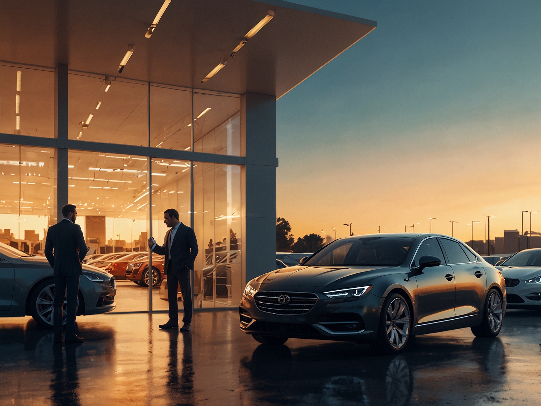 An image of a modern car dealership showcasing unsold Stellantis vehicles with price tags reflecting the high average vehicle price. Customers appear frustrated while browsing.