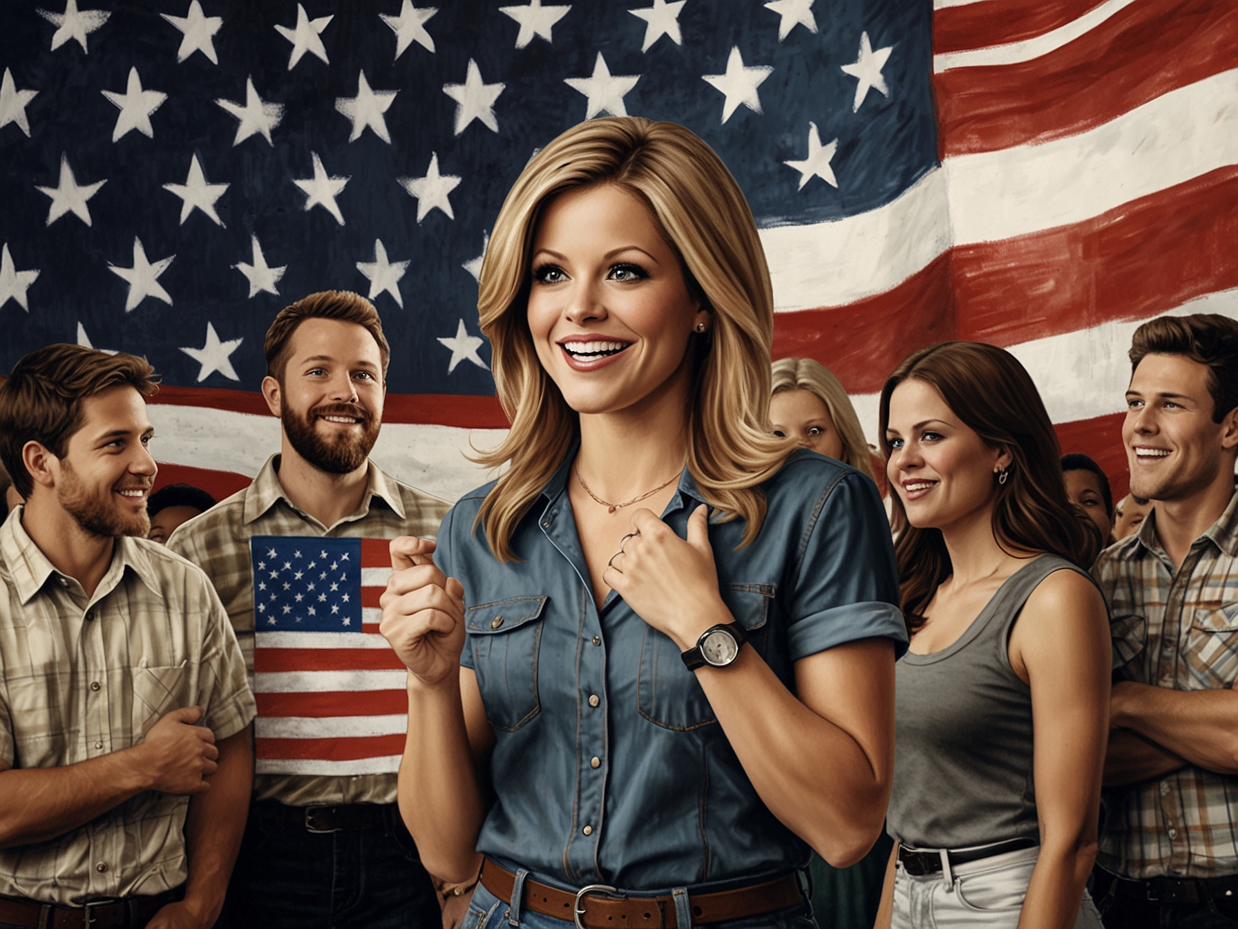 An illustration depicting Candace Cameron Bure engaged in conversation with a diverse group of people, each sharing their thoughts on faith and voting, set against an American flag backdrop.
