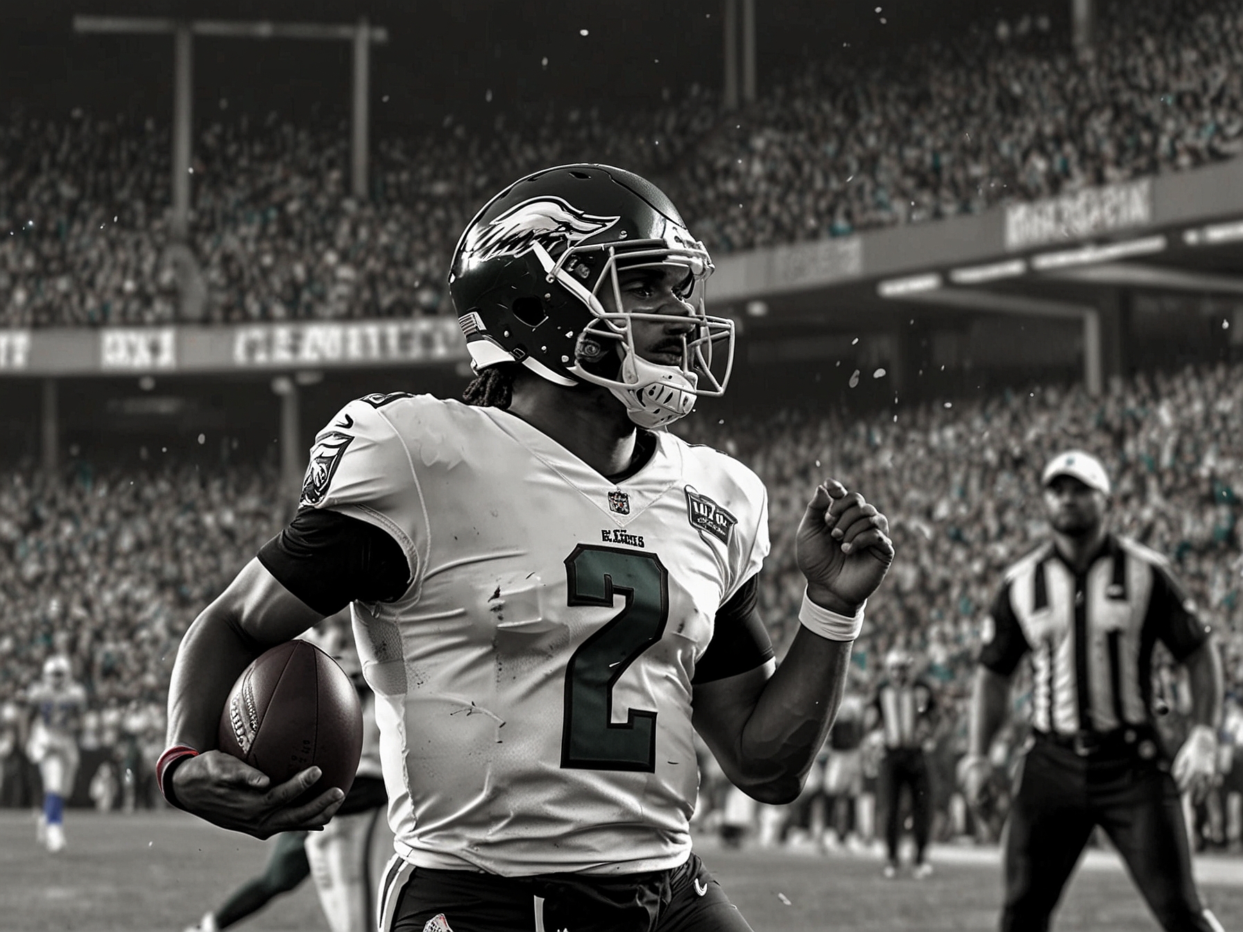 An intense football scene showcasing Jalen Hurts in action as he throws a touchdown pass to Dallas Goedert, with the Philadelphia Eagles sideline erupting in celebration.