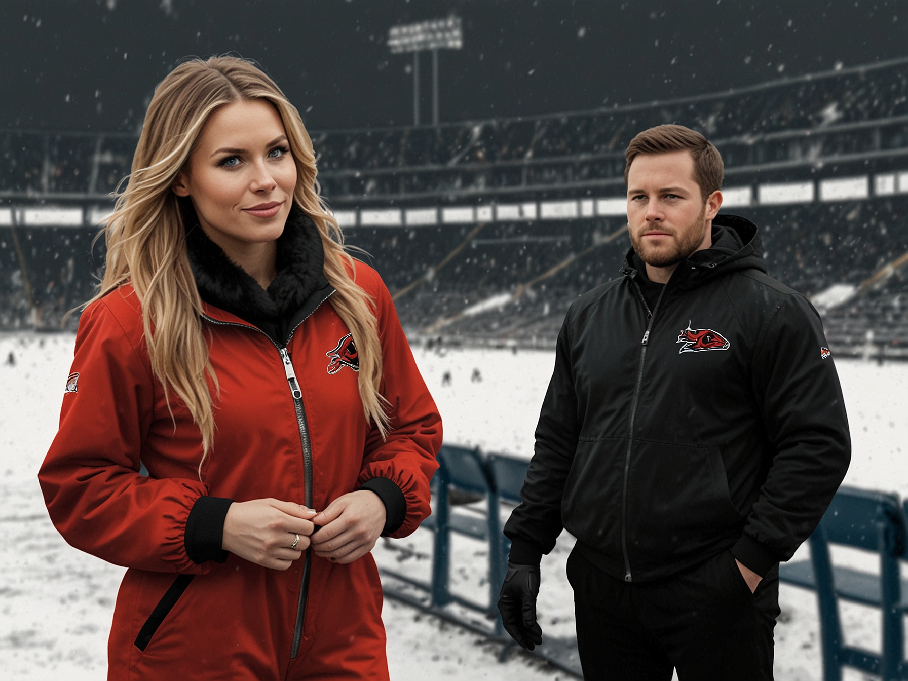 Claire Kittle in a striking red jumpsuit with black fur accents, standing out among bundled fans in the snowy backdrop of Highmark Stadium during the NFL game.