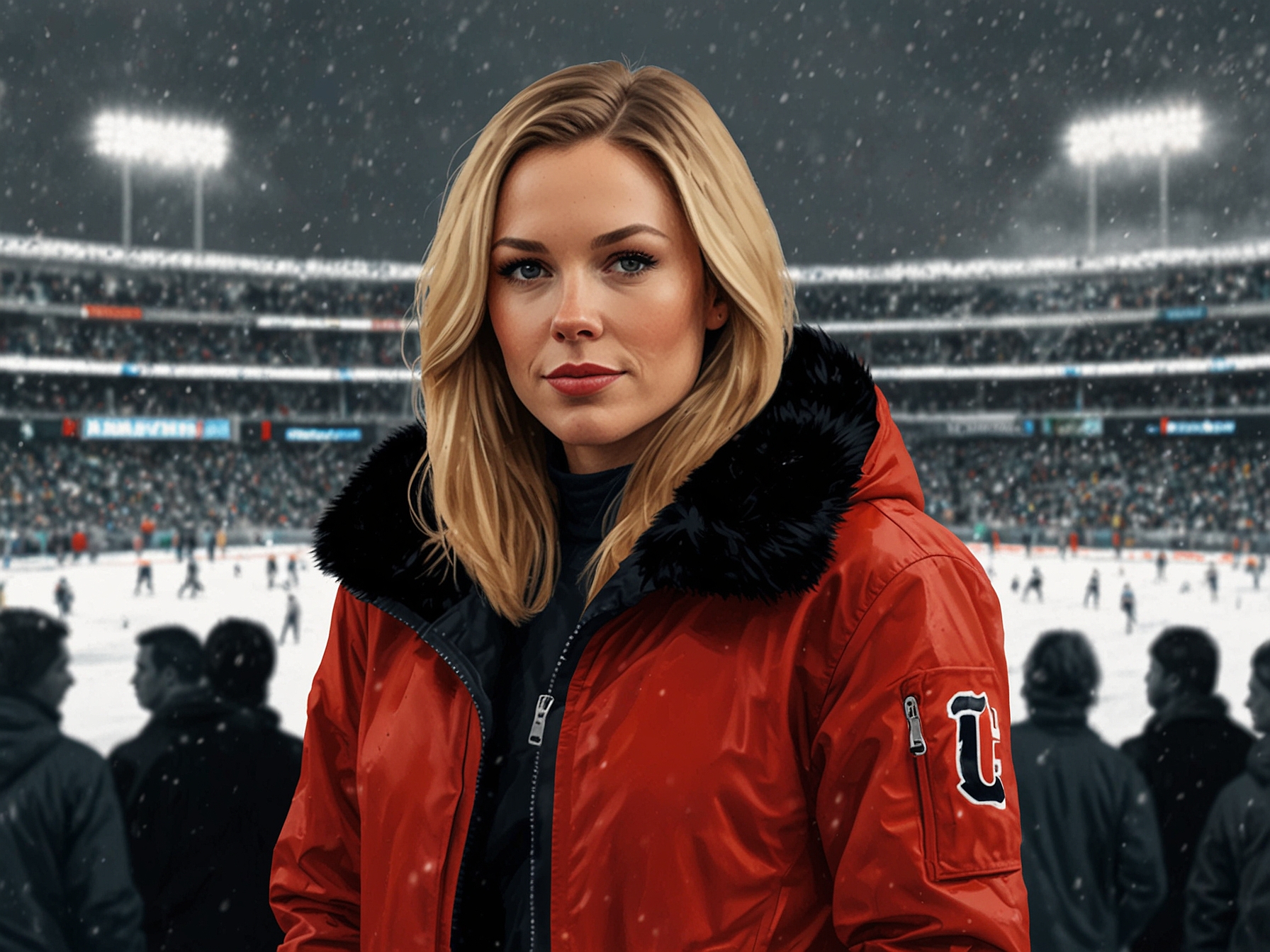 A close-up of Claire Kittle smiling, wearing a stylish beanie and her husband's jersey number, as snowflakes gently fall around her.