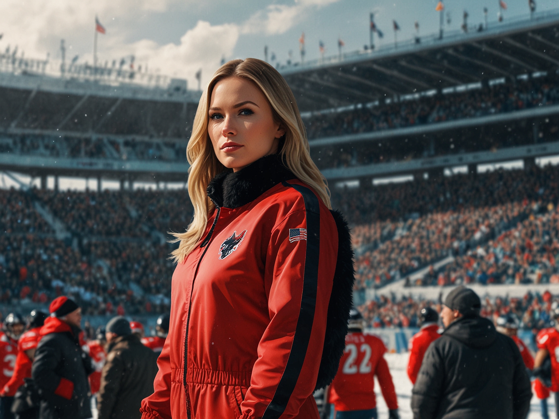 A panoramic view of Highmark Stadium, filled with excited fans in winter attire, while Claire Kittle captivates attention in her fashionable outfit amidst swirling snow.