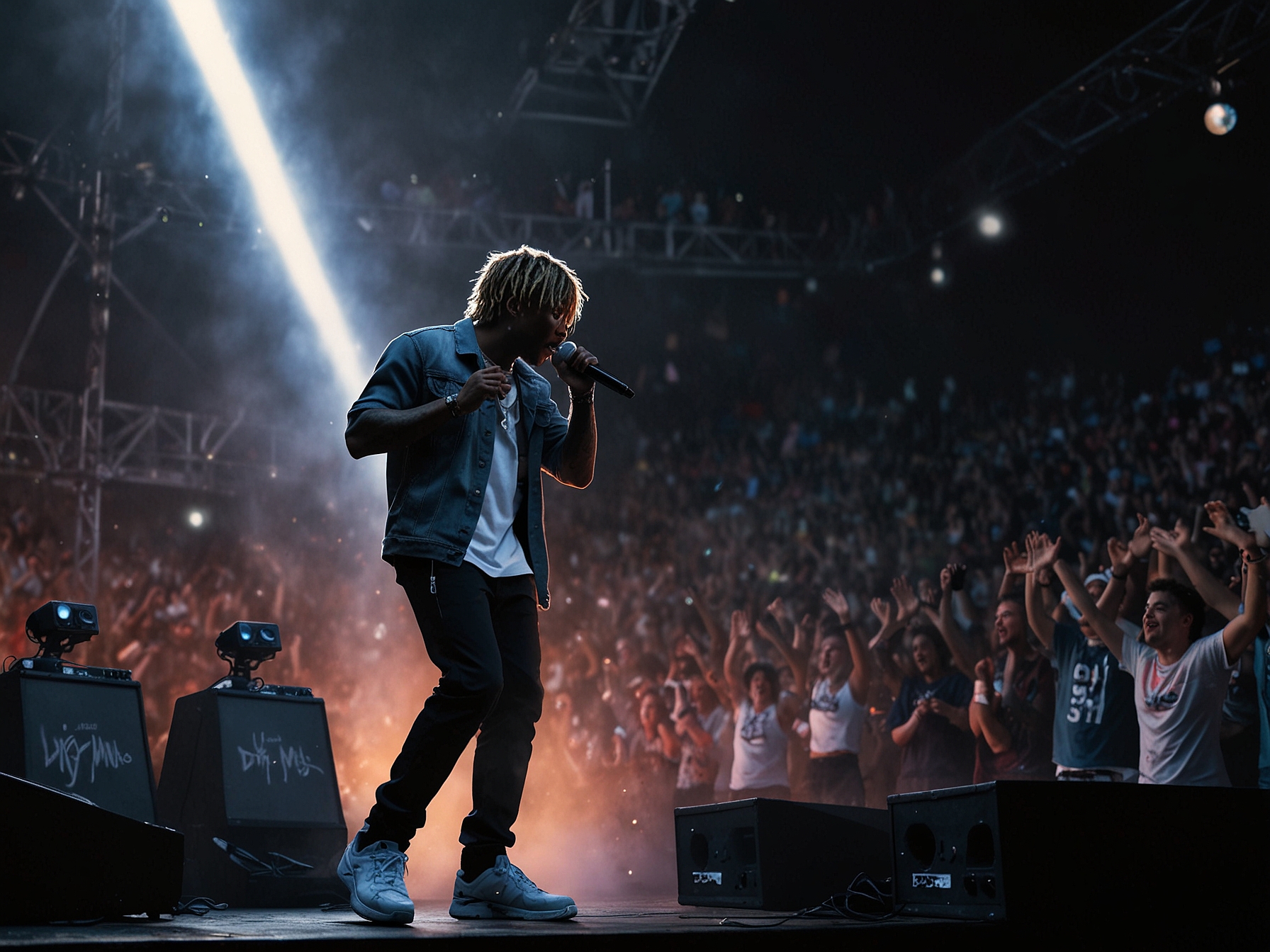 A captivating image of Dave Blunts performing on stage at Juice WRLD Day 2024, with an oxygen tank beside him, showcasing strength and emotion in his tribute to Juice WRLD.