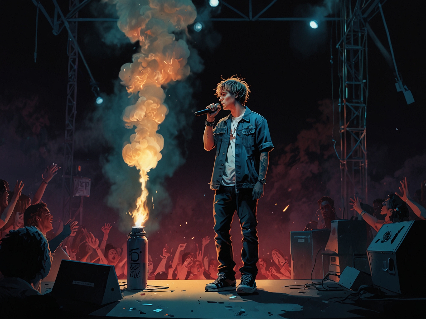 The crowd at the United Center filled with vibrant energy, holding up lights as Dave Blunts performs, celebrating Juice WRLD's legacy together.