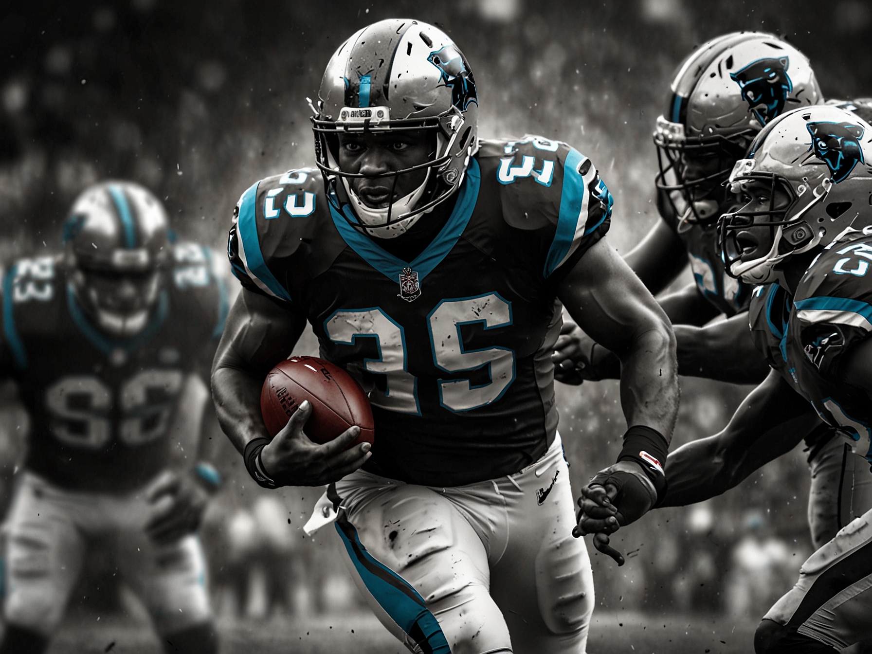 A tense moment in the game as the Panthers and Buccaneers players scramble for the ball, showcasing the intensity and drama of the overtime battle.