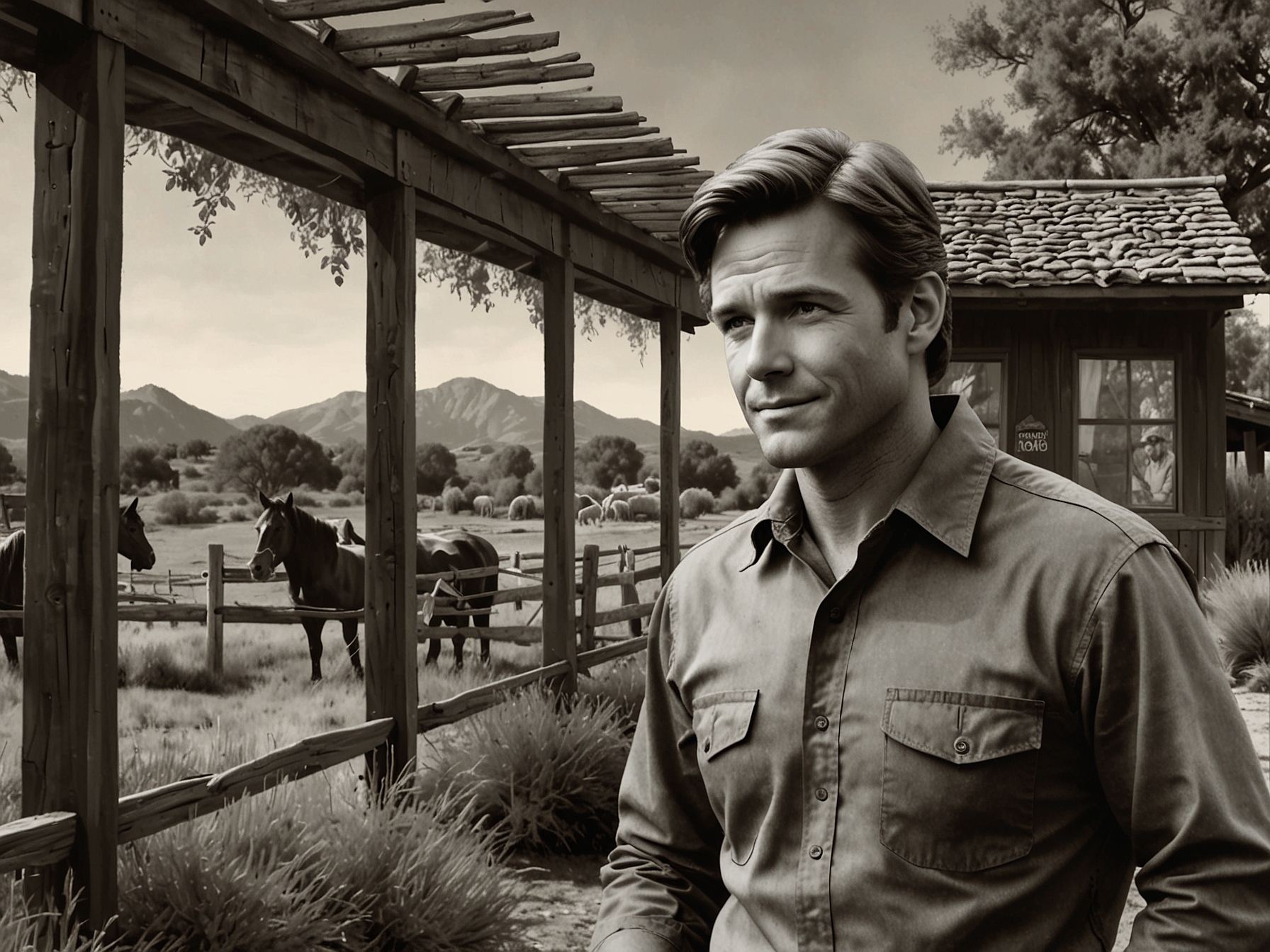 A nostalgic collage featuring Wayne Northrop in character as Roman Brady on Days of Our Lives, alongside a serene image of his ranch reflecting his love for nature and family.