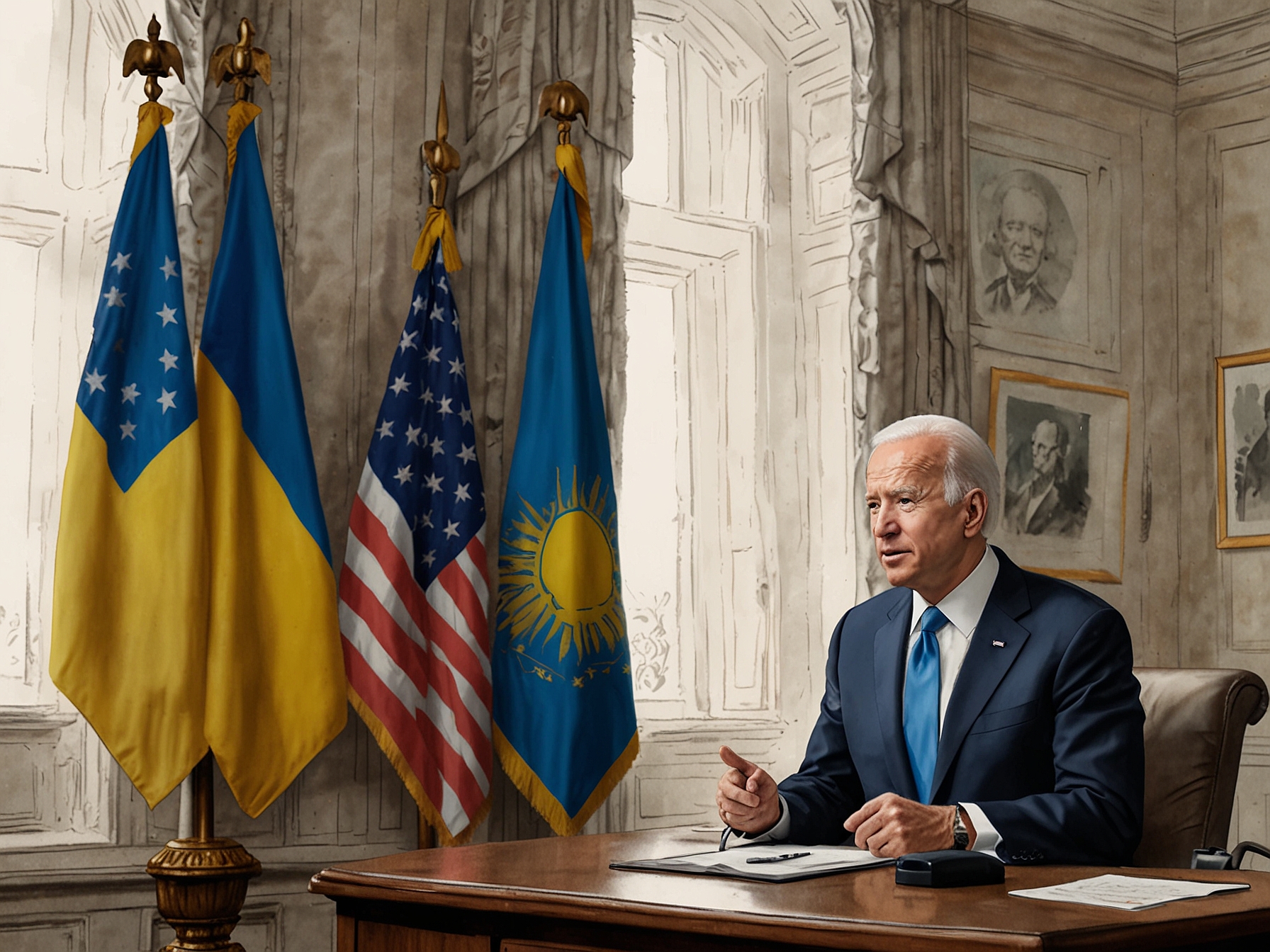 An image depicting President Biden speaking at a press conference, with Ukrainian flags in the background, symbolizing the US commitment to supporting Ukraine.