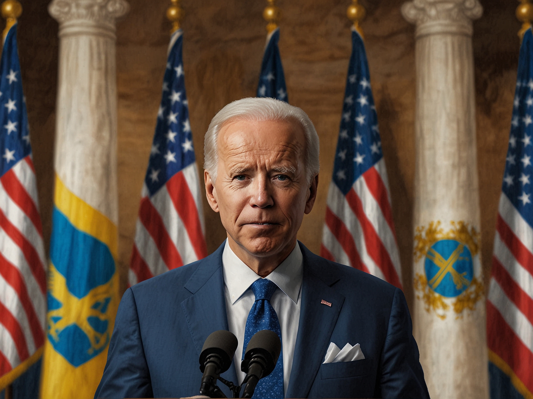 An illustration of a chessboard with pieces labeled as Biden, Ukraine, and Trump, representing the strategic decisions and tensions in international relations.