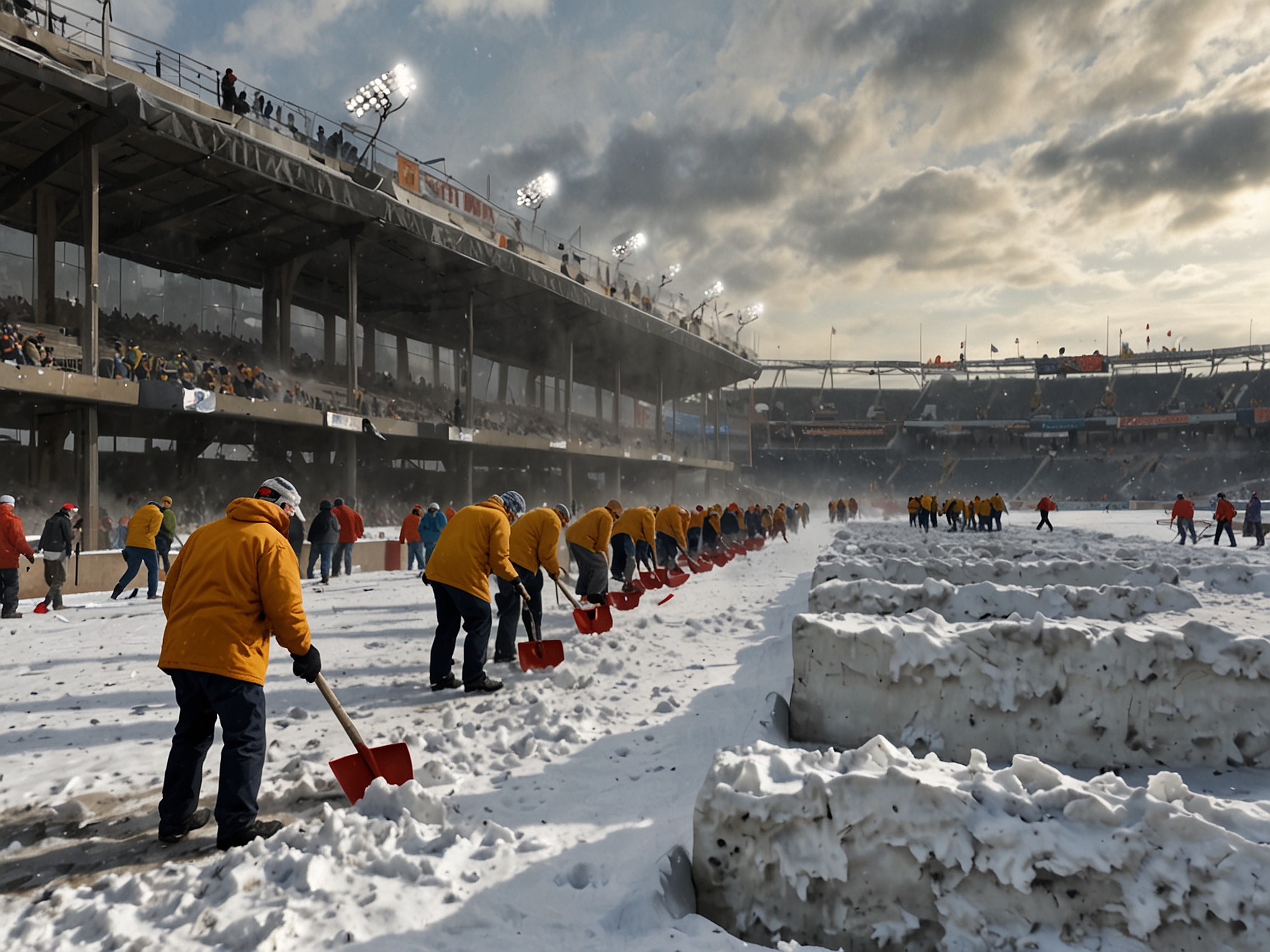 A large group of dedicated fans with shovels, working together to clear heavy snow from the entrance of Highmark Stadium under overcast skies, showcasing camaraderie and team spirit.