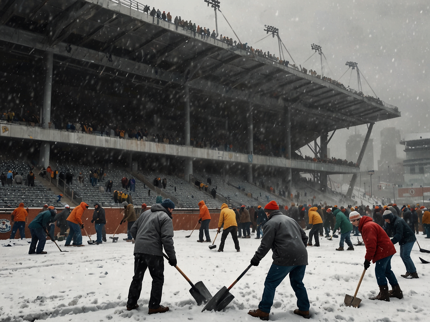 Close-up of a smiling fan in winter gear, holding a shovel with supportive slogans written on it, surrounded by freshly cleared stadium pathways and other enthusiastic volunteers.