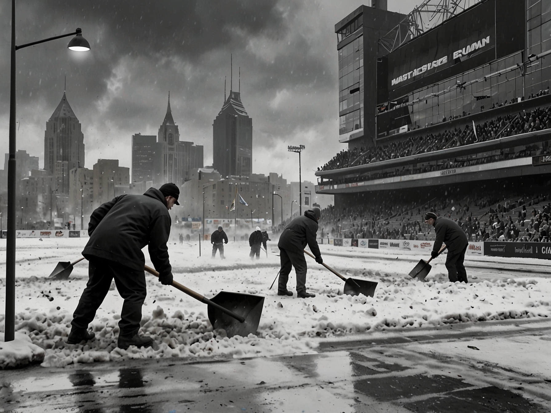 A panoramic view of Highmark Stadium with piles of snow on either side, showcasing fans in red and blue shirts actively shoveling, embodying the spirit of Bills Mafia in action.