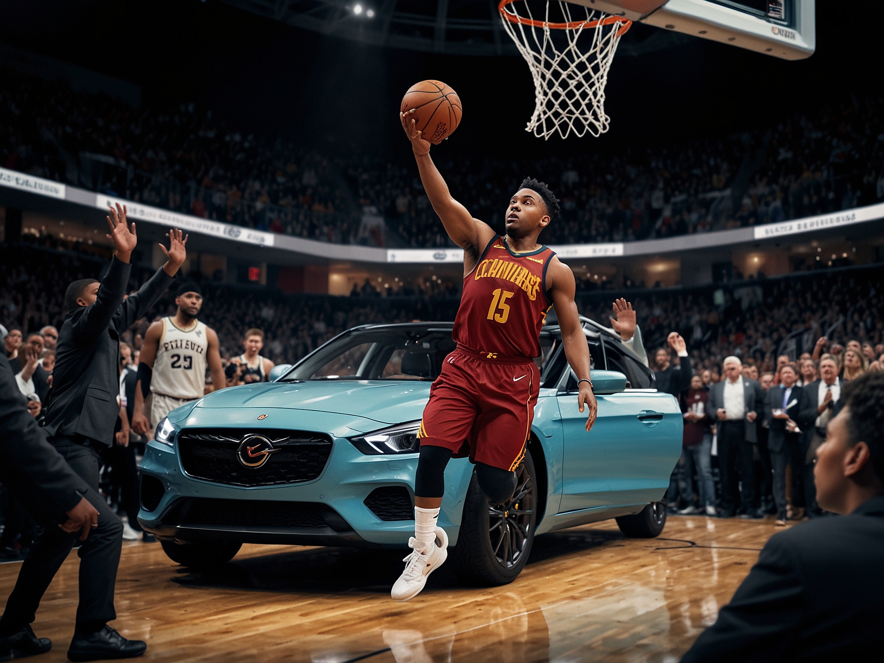 A vibrant scene from the game showing Donovan Mitchell in action, driving to the basket with intensity as fans cheer in the background, encapsulating the electric atmosphere of the Cavaliers' comeback.
