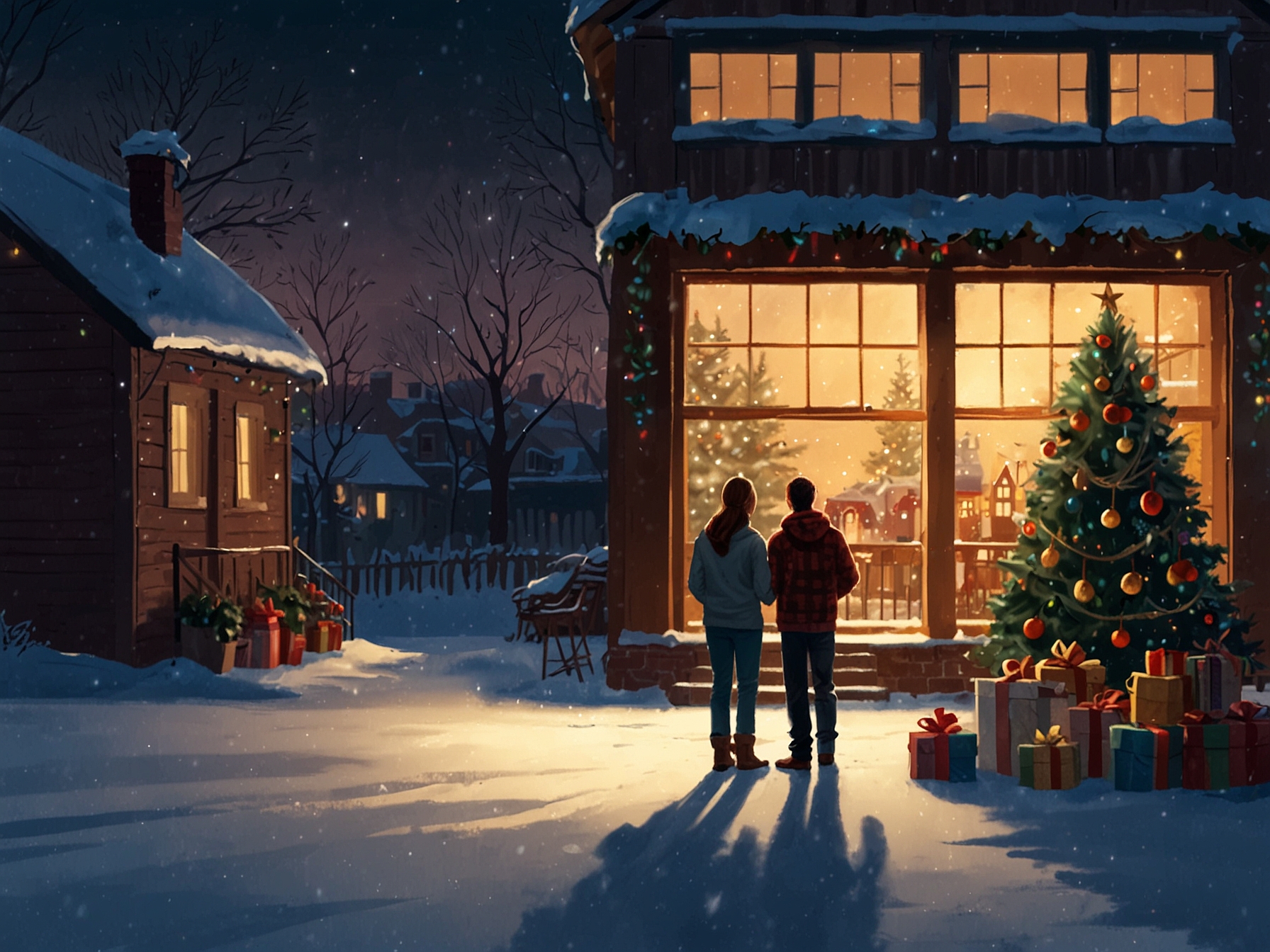 A serene winter scene featuring a family gathered around a decorated Christmas tree, with presents and holiday lights, symbolizing togetherness and joy during the holiday season.
