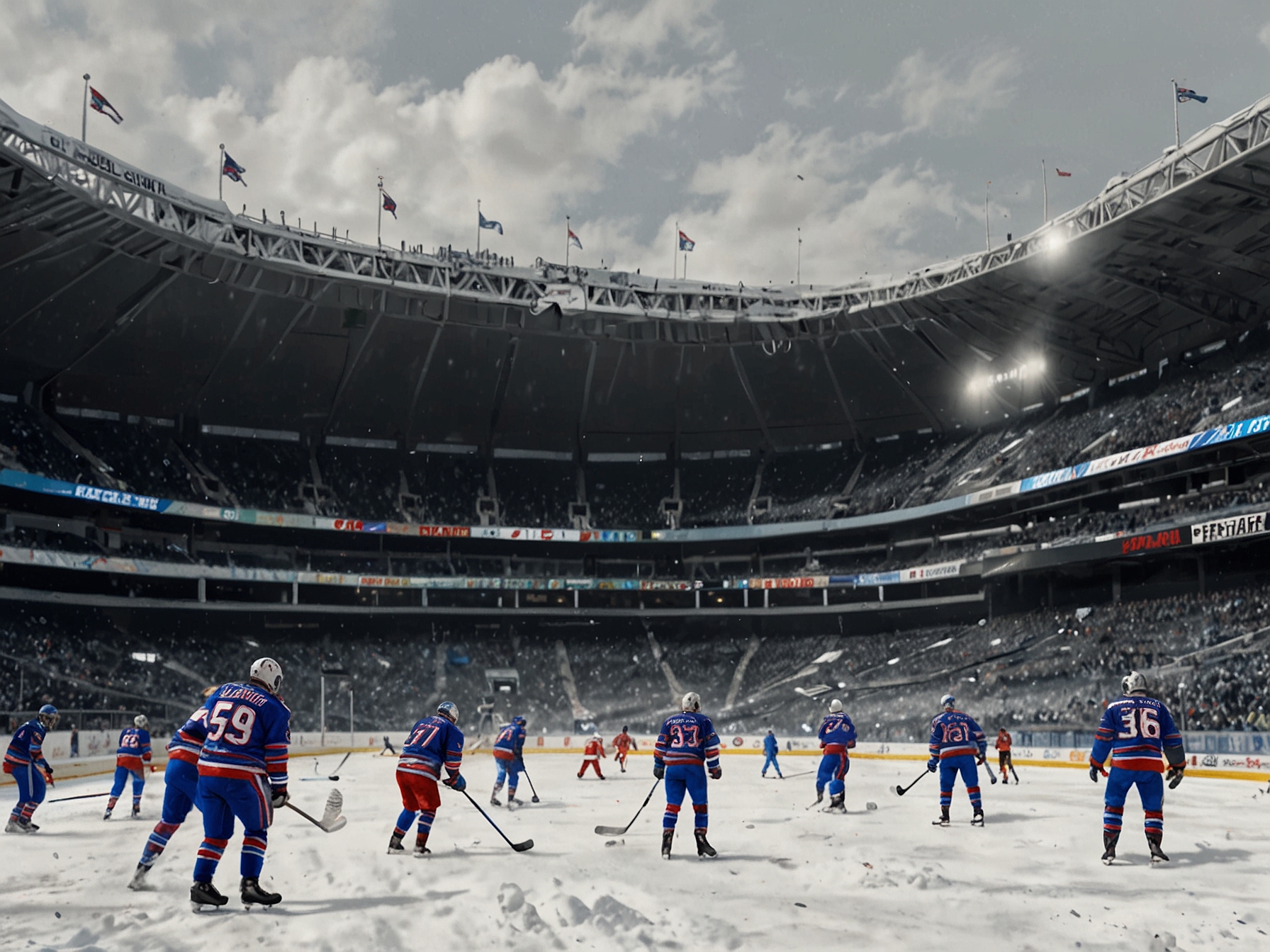 A snowy Highmark Stadium with enthusiastic Bills fans shoveling snow, wearing team jerseys and winter gear, creating a lively and community-focused atmosphere ahead of the game.