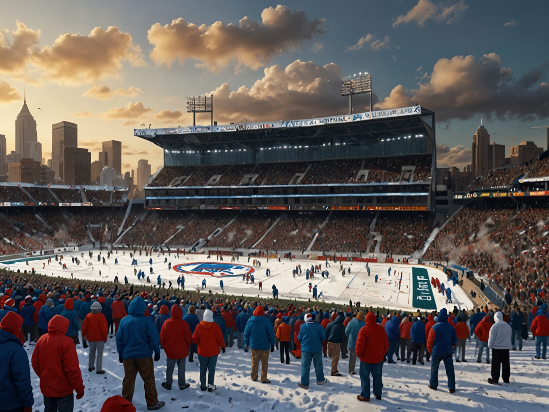 A close-up shot of fans enjoying hot cocoa while shoveling snow at Highmark Stadium, capturing the blend of winter joy and football spirit.