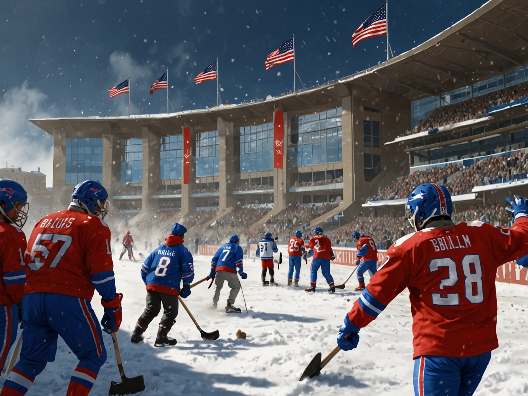 A panoramic view of snow-covered Highmark Stadium, illuminated at night with filling stands of Buffalo Bills fans, showcasing the excitement before the game against the 49ers.