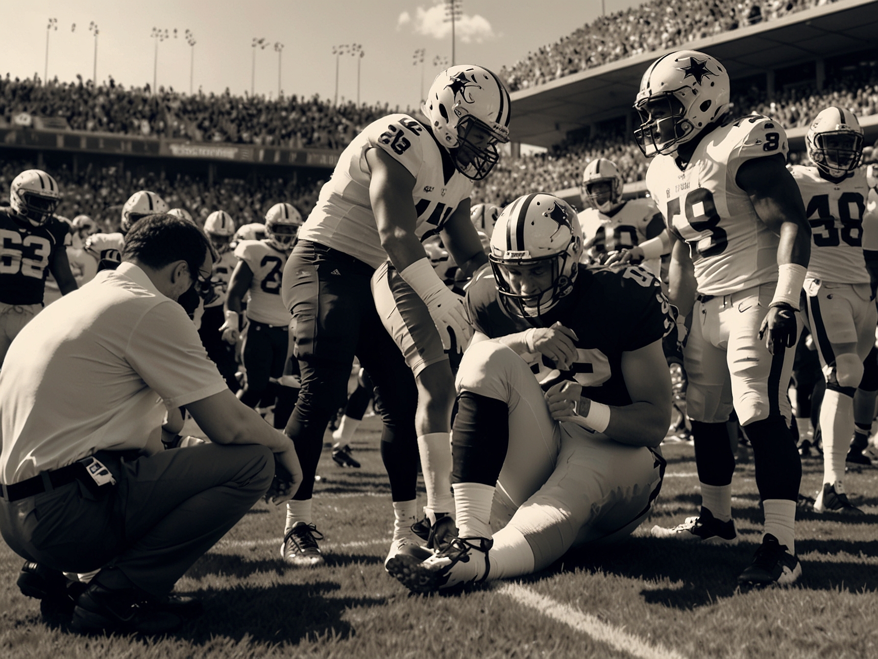 A worried Taysom Hill lying on the field after sustaining a knee injury, surrounded by team medical staff and concerned teammates, with fans watching anxiously in the background.