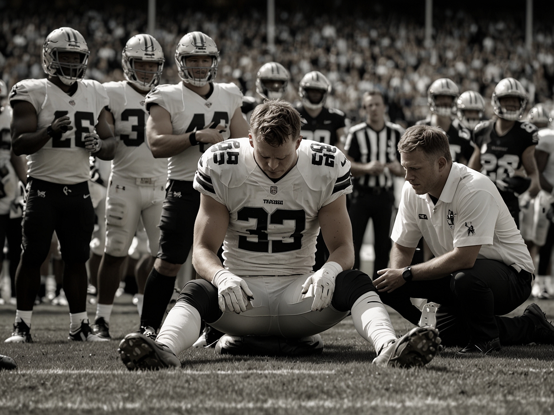 Fans in the stands holding up signs and chanting Taysom Hill's name in support as he is being carted off the field, displaying unity and camaraderie in tough times.