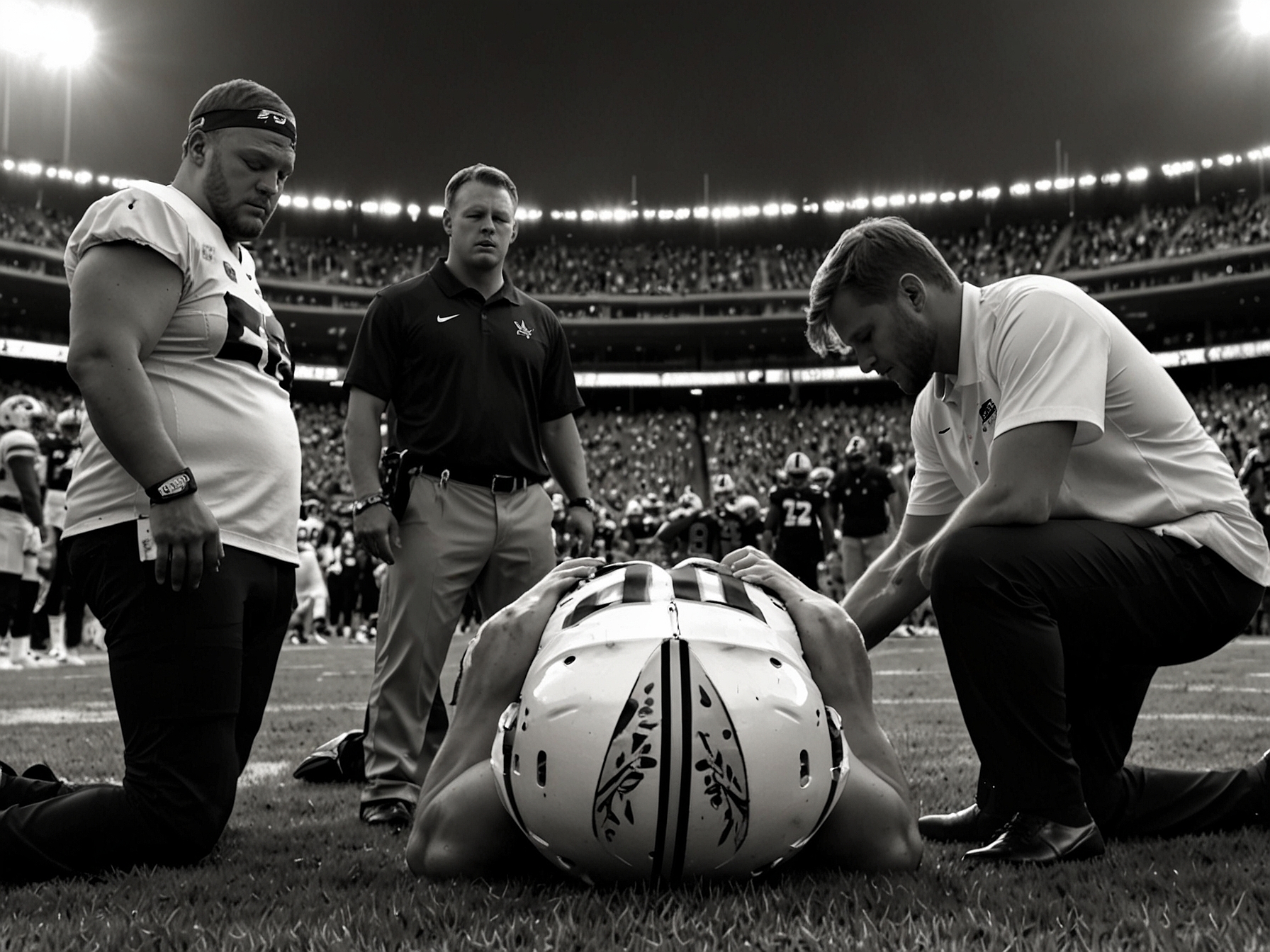 Derek Carr looking solemn while discussing Taysom Hill's injury with reporters, conveying the emotional weight the injury has on the Saints team dynamics.
