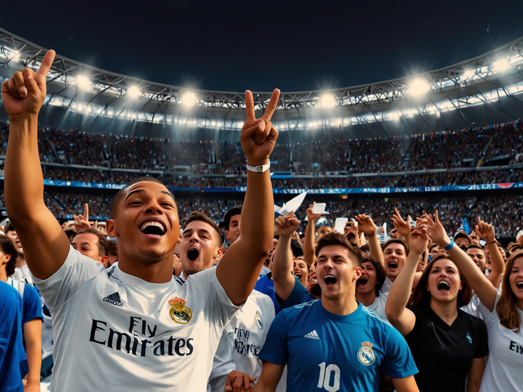 A vibrant scene at Bernabeu Stadium, filled with cheering fans waving Real Madrid flags as Kylian Mbappe celebrates after scoring a stunning goal against Getafe.